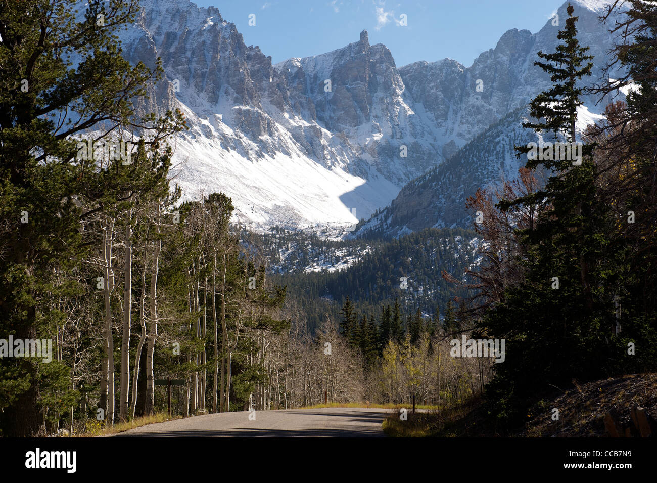 Wheeler Peak: montagna con la neve e park road in primo piano, Parco nazionale Great Basin, e Nevada, USA Foto Stock