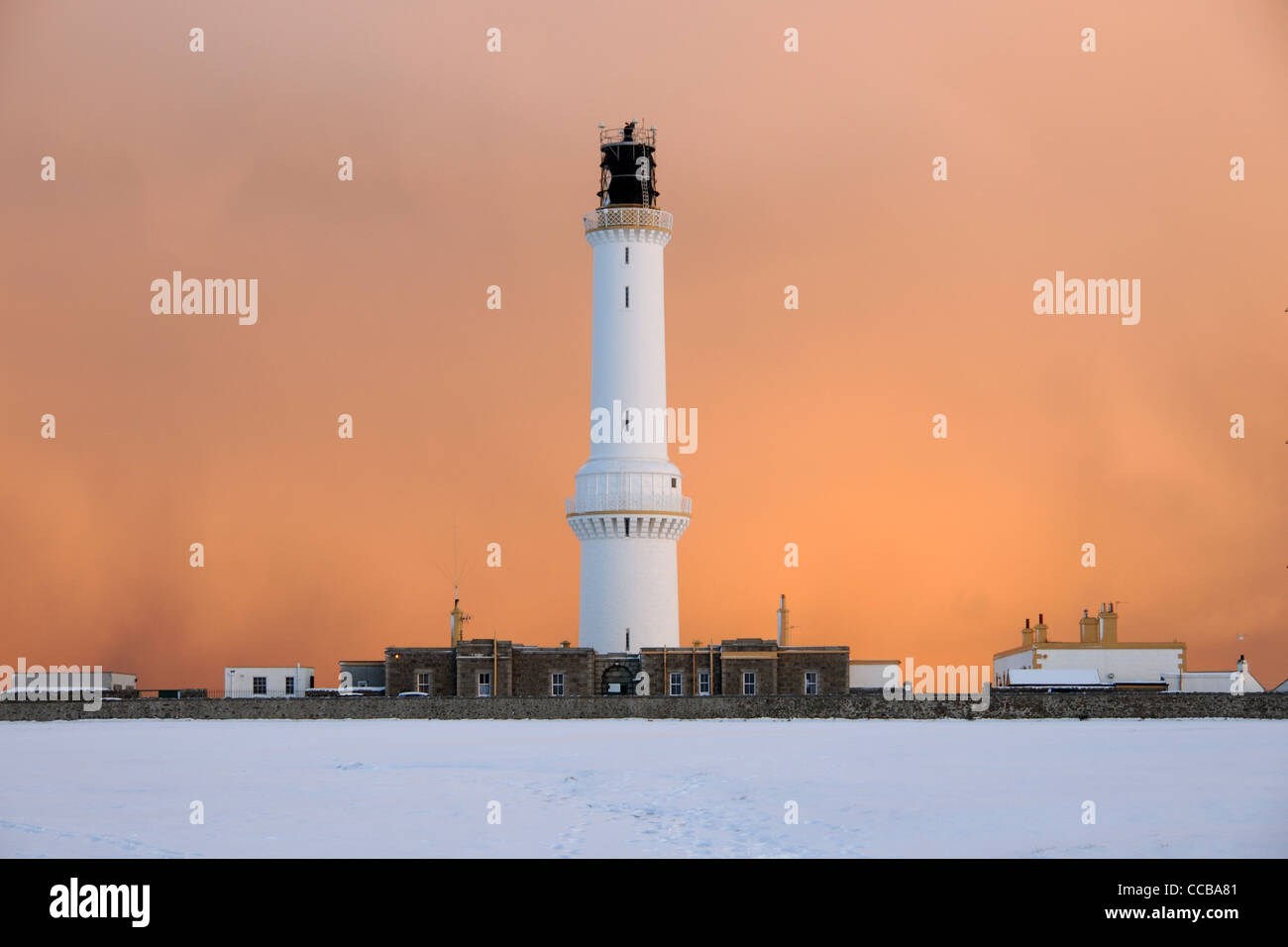 Corpino Ness faro nella neve, Aberdeen Foto Stock