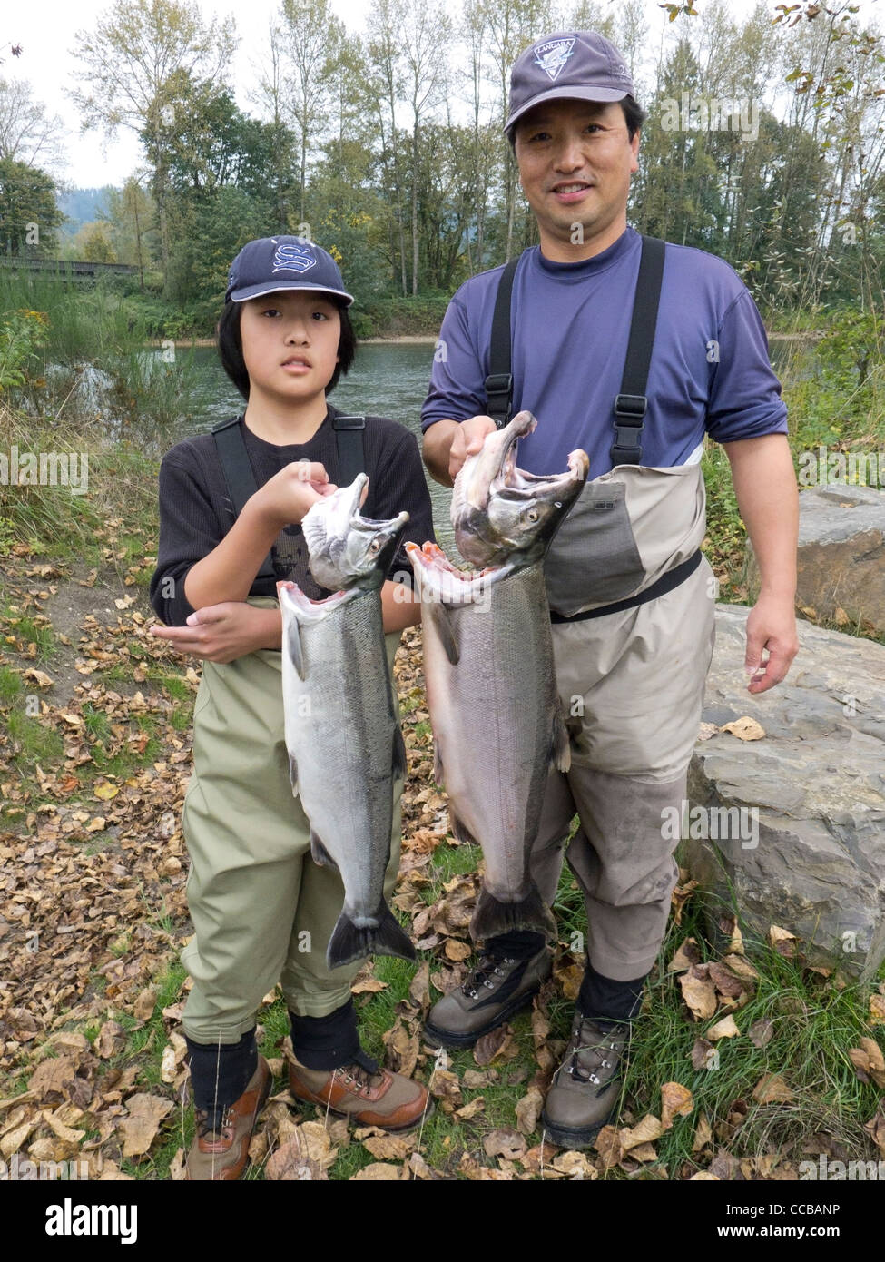 Padre e Figlio con argento salmone pescato nel fiume Skykomish in western Washington,Stato. Foto Stock