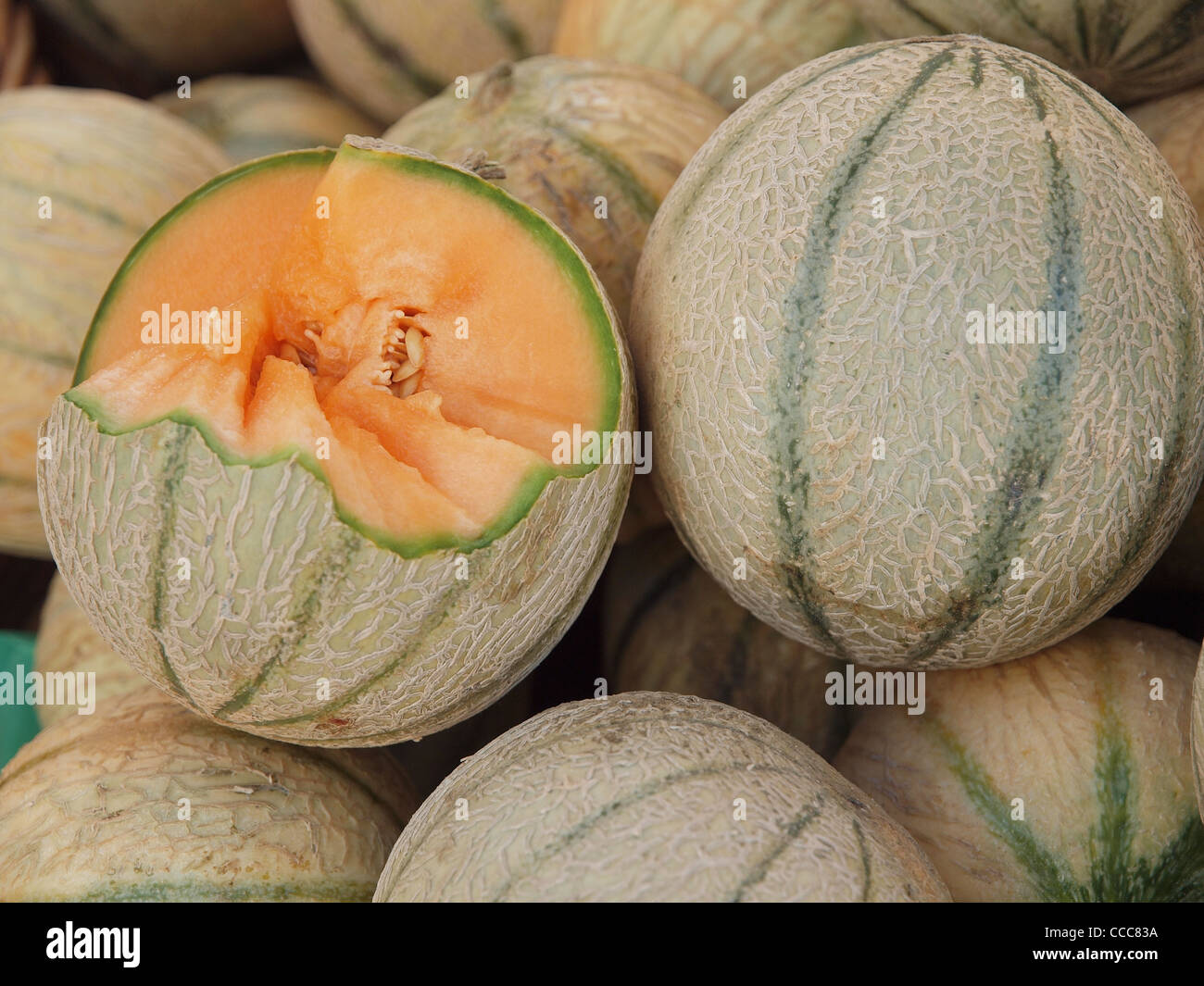 Meloni su un mercato in stallo, un taglio aperto per display. Foto Stock