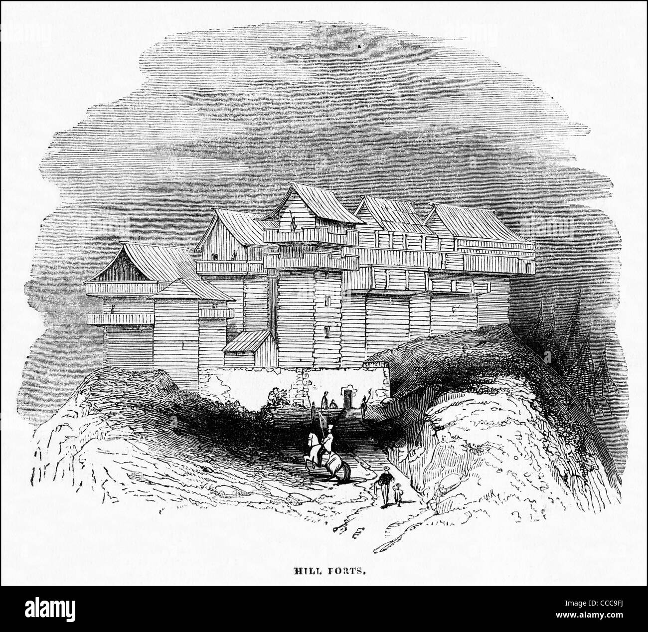 Incisione vittoriano circa 1844 British Army forts collina vicino a Gwalior India Foto Stock
