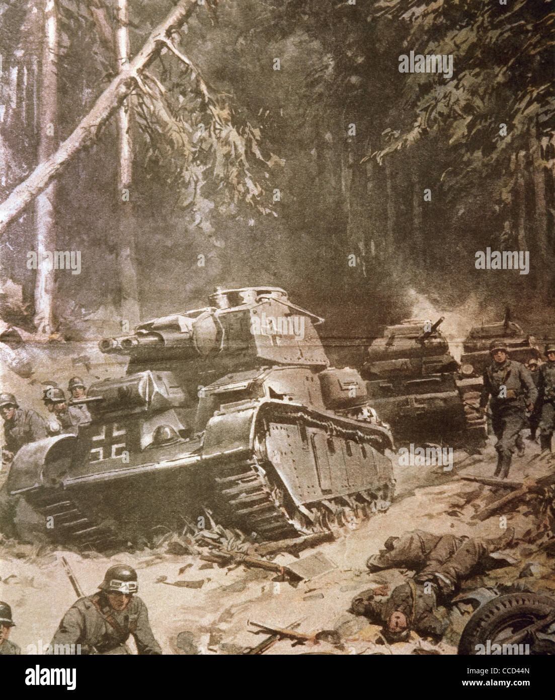Seconda Guerra Mondiale (1939-1945). Il tedesco veicoli blindati spostando verso Parigi. Illustrazione. Foto Stock