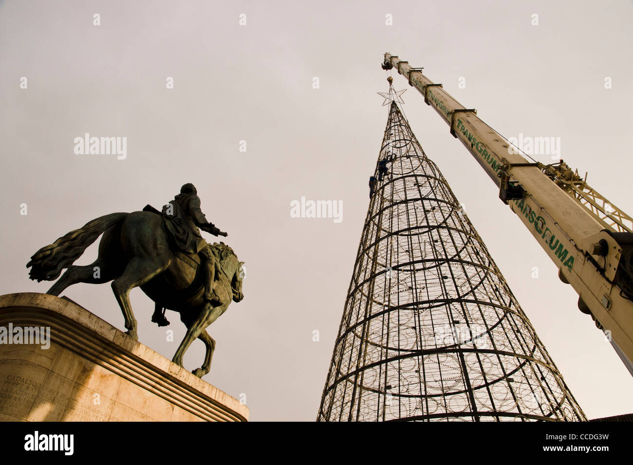 Smantellamento del gigantesco albero di Natale in piazza Puerta del Sol di Madrid, Spagna. Foto Stock