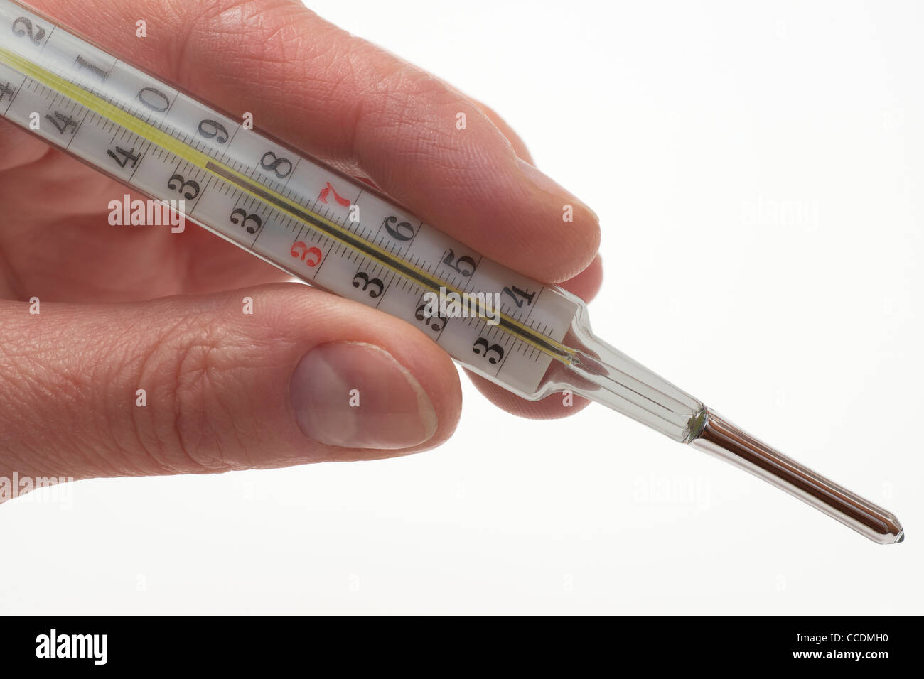 Un termometro clinico con una temperatura di 39,2 gradi Celsius è tenuto in mano Foto Stock
