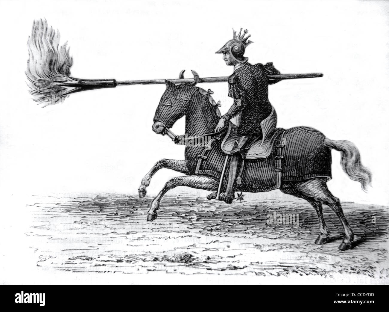Cavaliere medievale, Cavalleria, Cavaliere o Soldato montato con lancia flamante o Spear, c19 incisione o illustrazione d'epoca Foto Stock