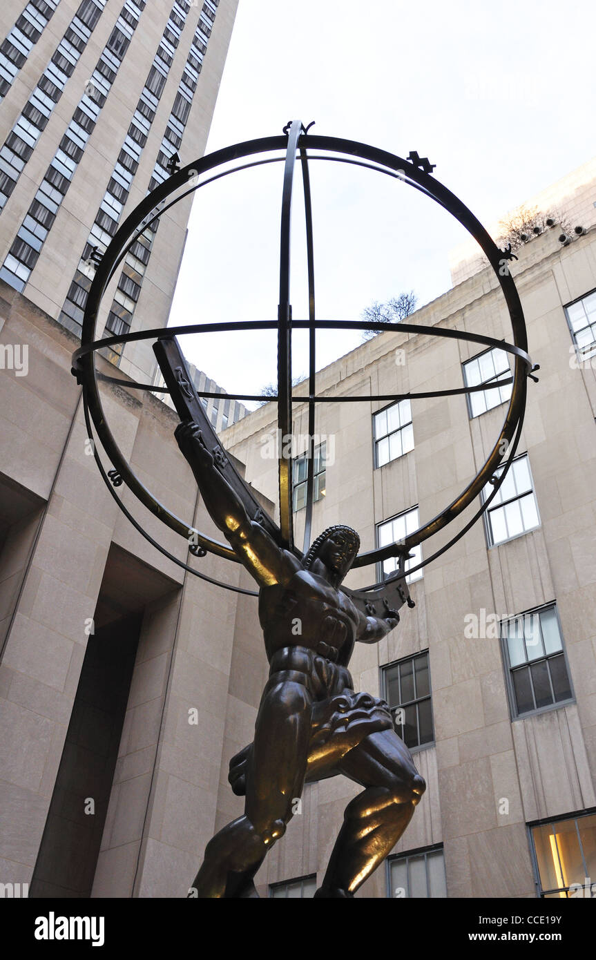 Atlas statua, Rockefeller Center Art, New York City, Stati Uniti d'America Foto Stock