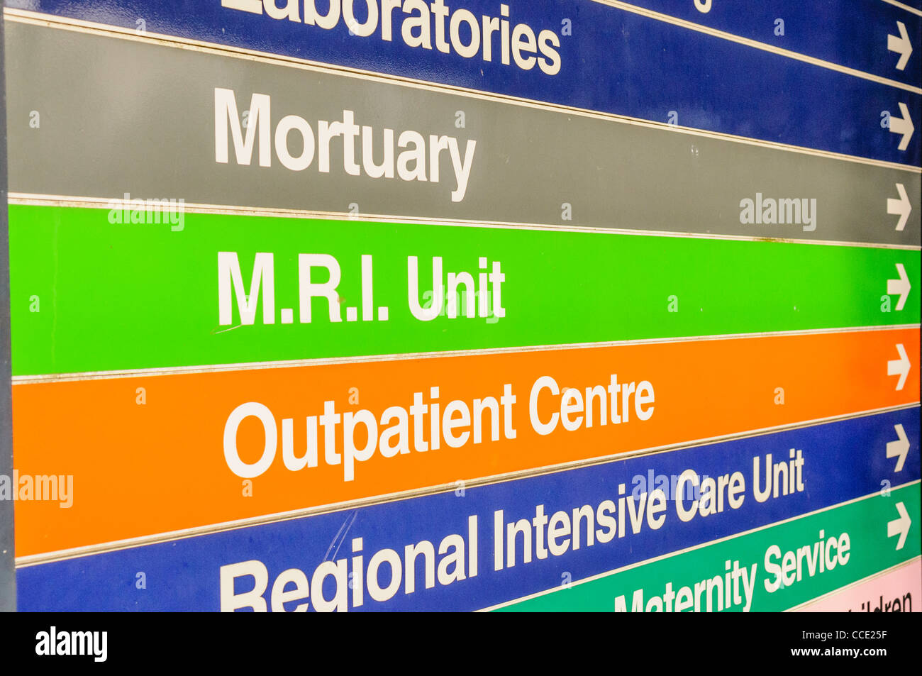 Segni in un ospedale per camera mortuaria, unità MRI, Centro ambulatoriale e regionali di unità di Cure Intensive Foto Stock