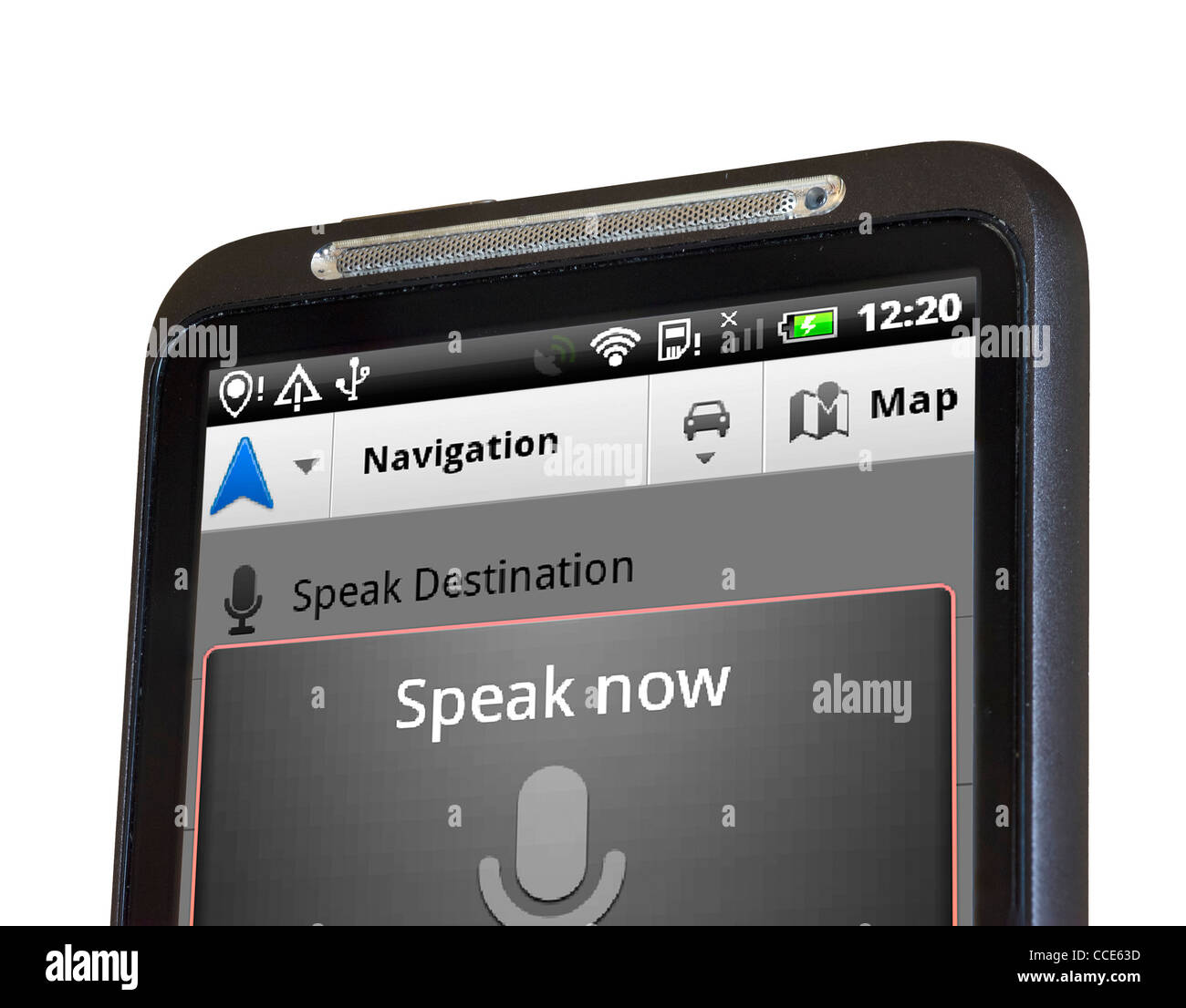 Il riconoscimento vocale su Google Maps Navigation con un smartphone HTC Foto Stock