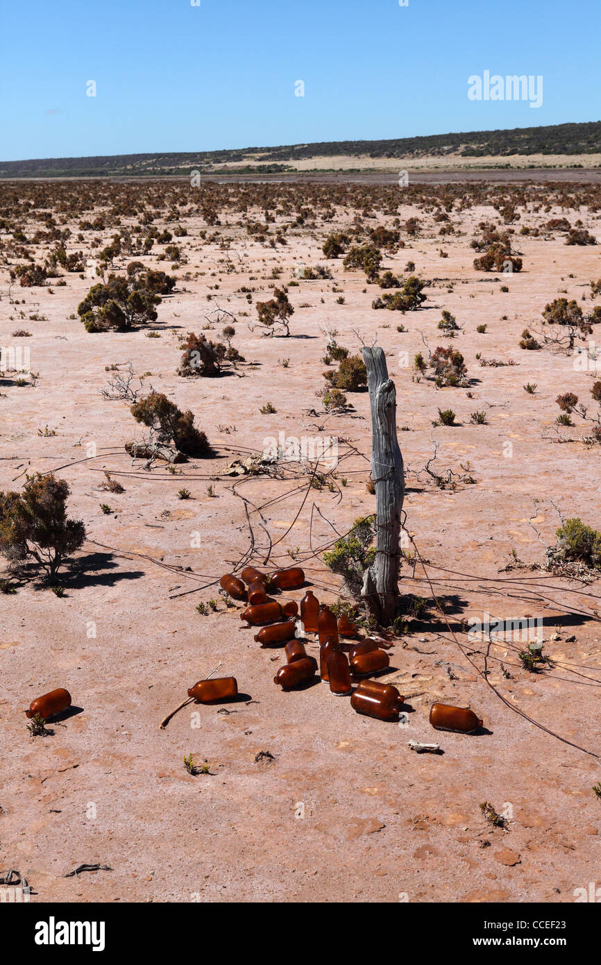 Lago essiccato letto porta a Gregorio, Western Australia. Le bottiglie da birra vuote giacciono rotto da un palo da recinzione. Foto Stock