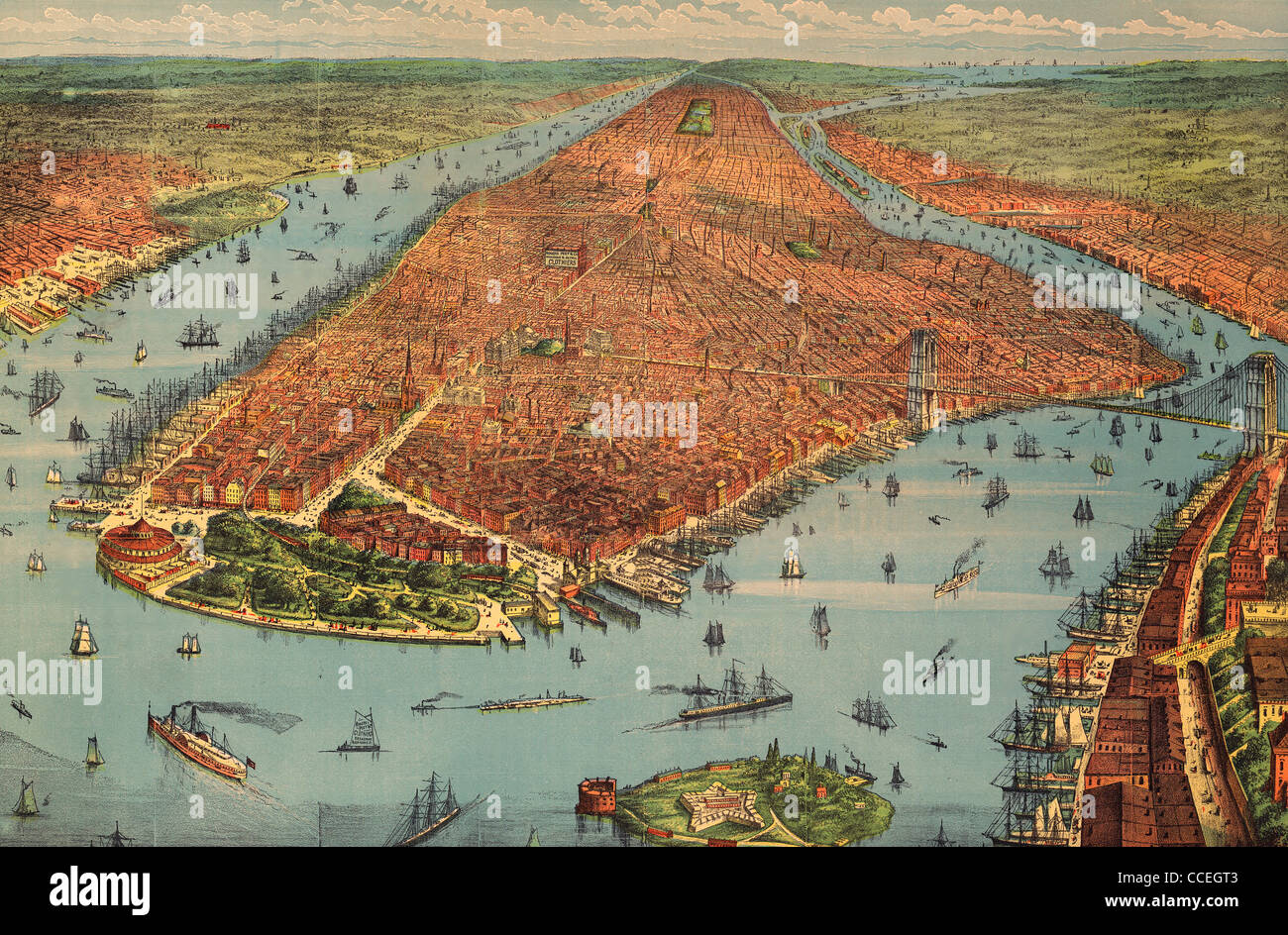 Mappa panoramica di New York City, 1879 Foto Stock