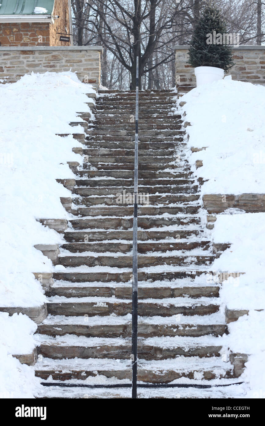Ricerca di lunga serie di scale innevati in inverno Foto Stock