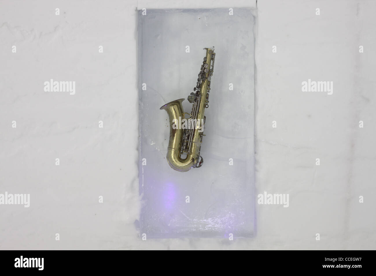 Strumento musicale congelati in un blocco di ghiaccio Foto Stock