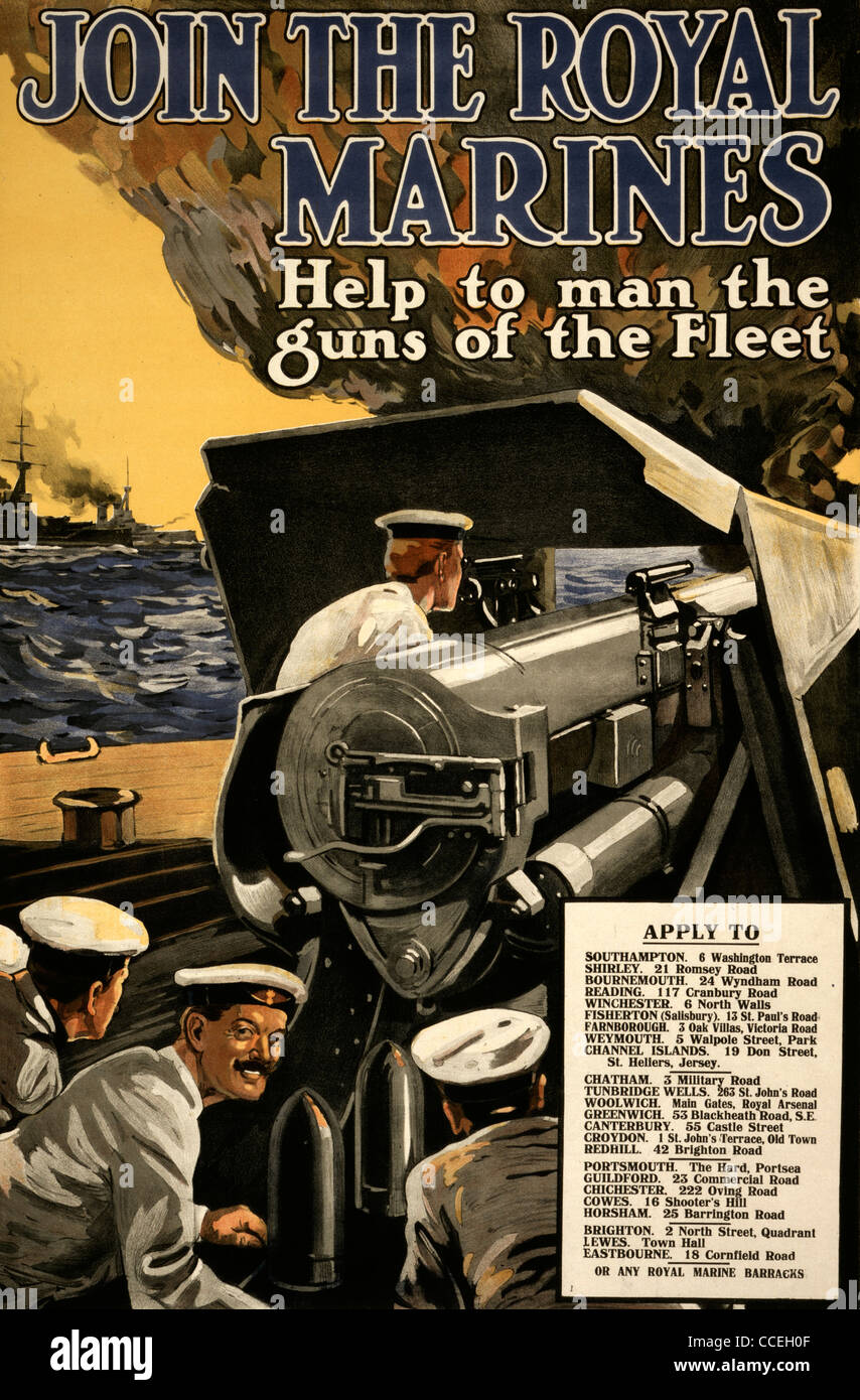 Unire i Royal Marines - aiuto all'uomo i cannoni della flotta - la guerra mondiale I poster di reclutamento -1915 Foto Stock