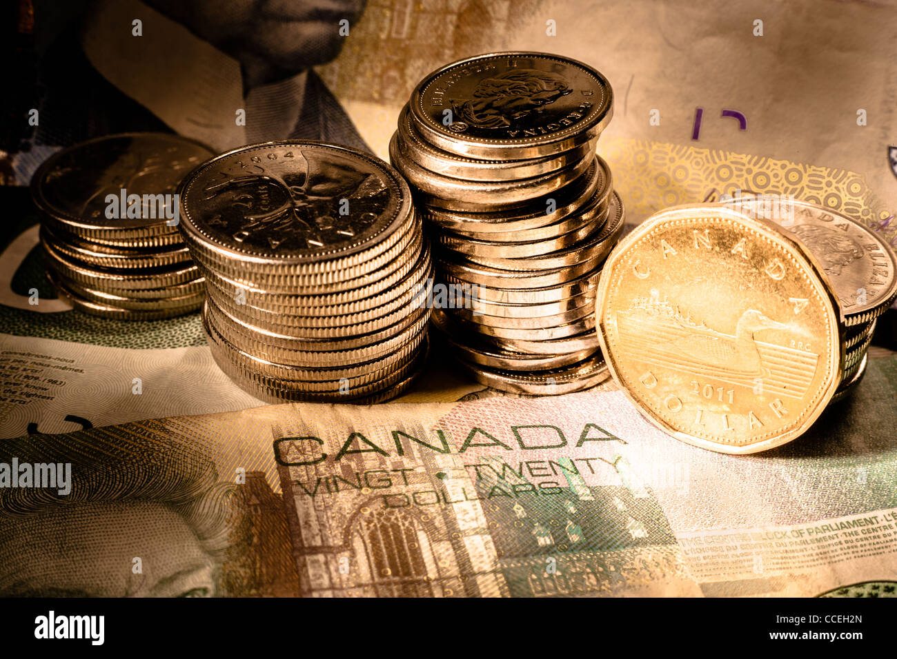 Selezione della valuta canadese sia di carta e conio Foto Stock