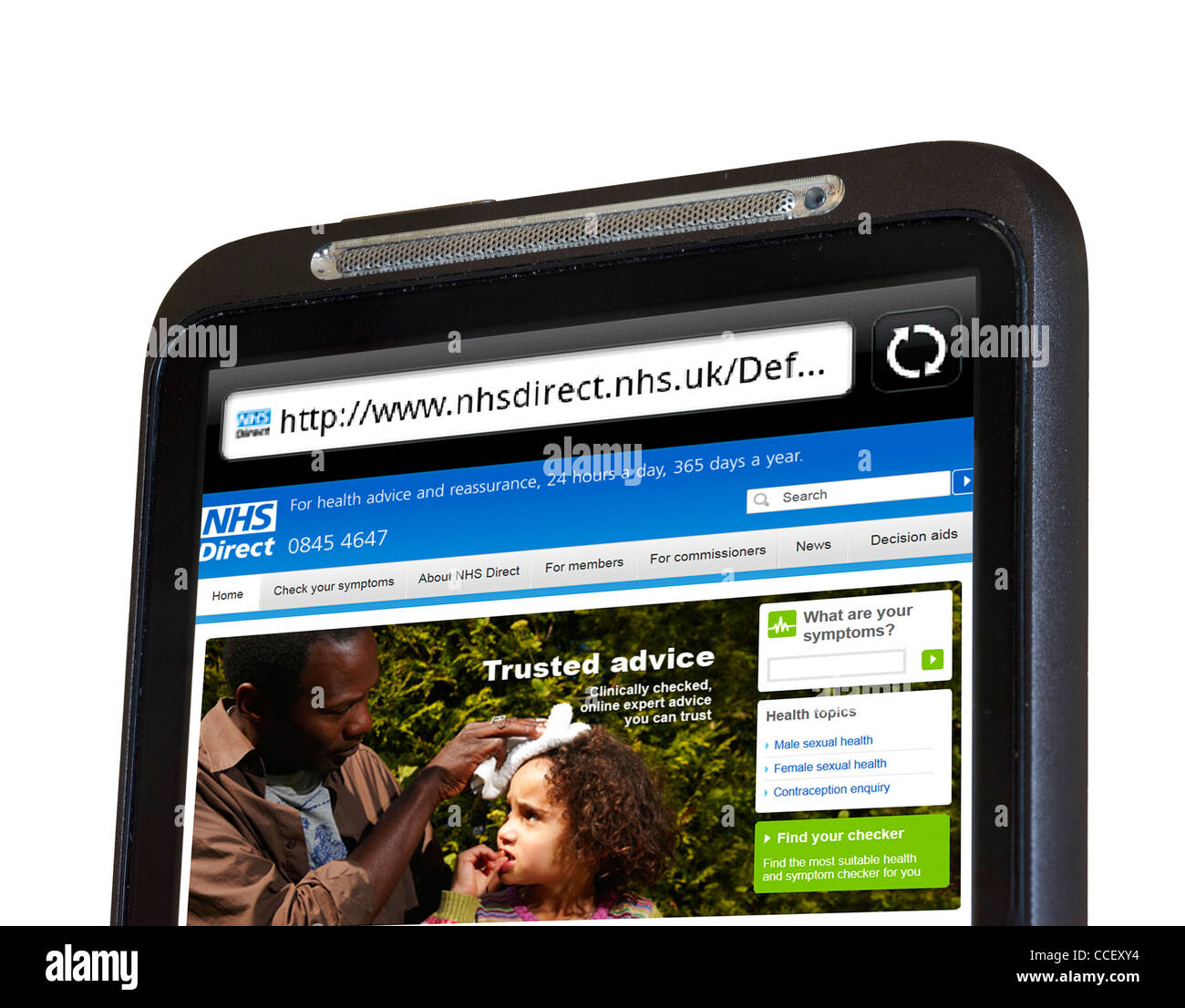Il NHS Direct health advice Sito web visualizzato su uno smartphone HTC, England, Regno Unito Foto Stock