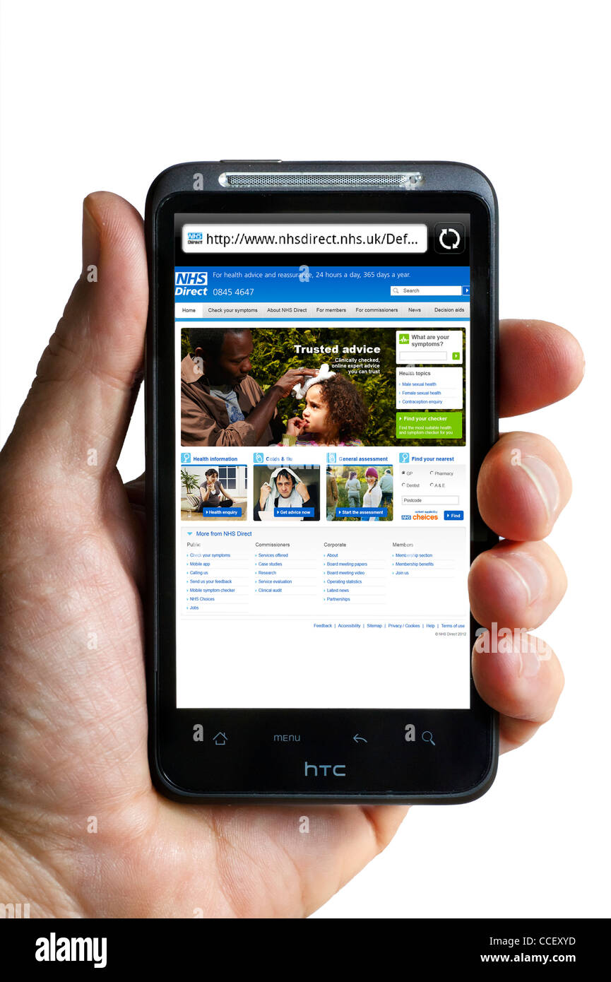 Il NHS Direct health advice Sito web visualizzato su uno smartphone HTC, England, Regno Unito Foto Stock