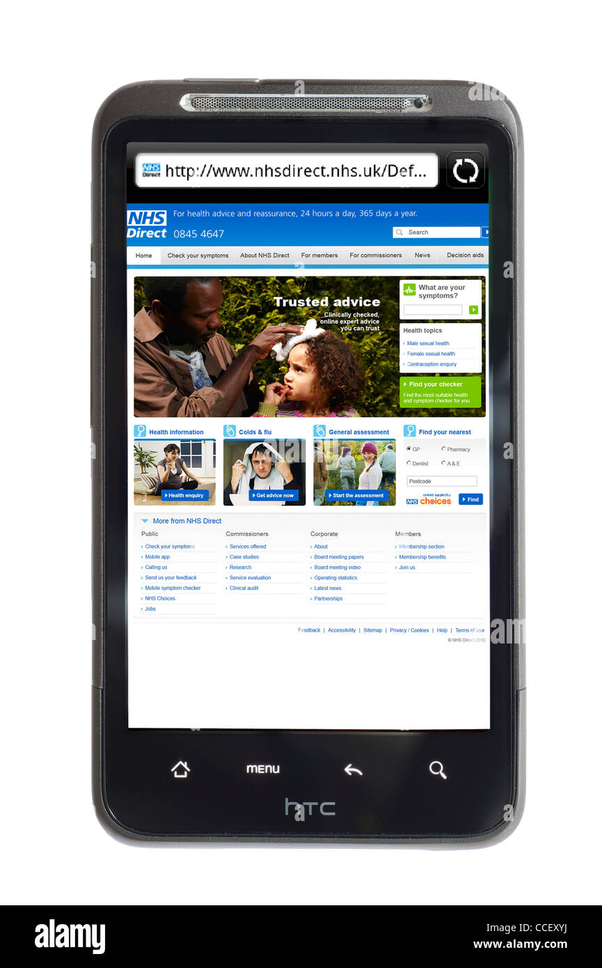 Il NHS Direct health advice Sito web visualizzato su uno smartphone HTC, England, Regno Unito Foto Stock