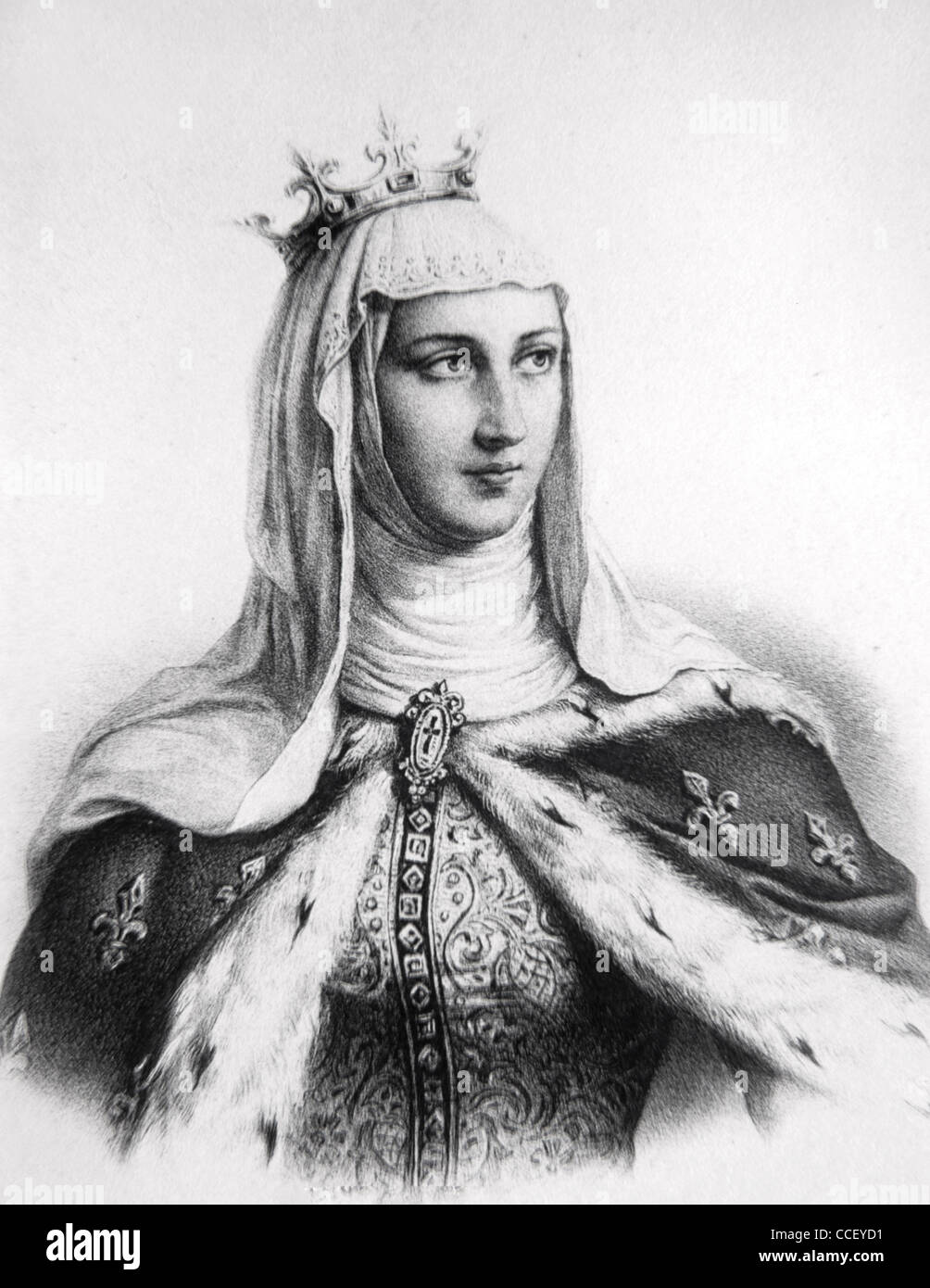 Ritratto di Margherita di Provenza (1221-1295) Regina di Francia come Consorte di Re Luigi IX, o San Luigi. Illustrazione o incisione vintage Foto Stock