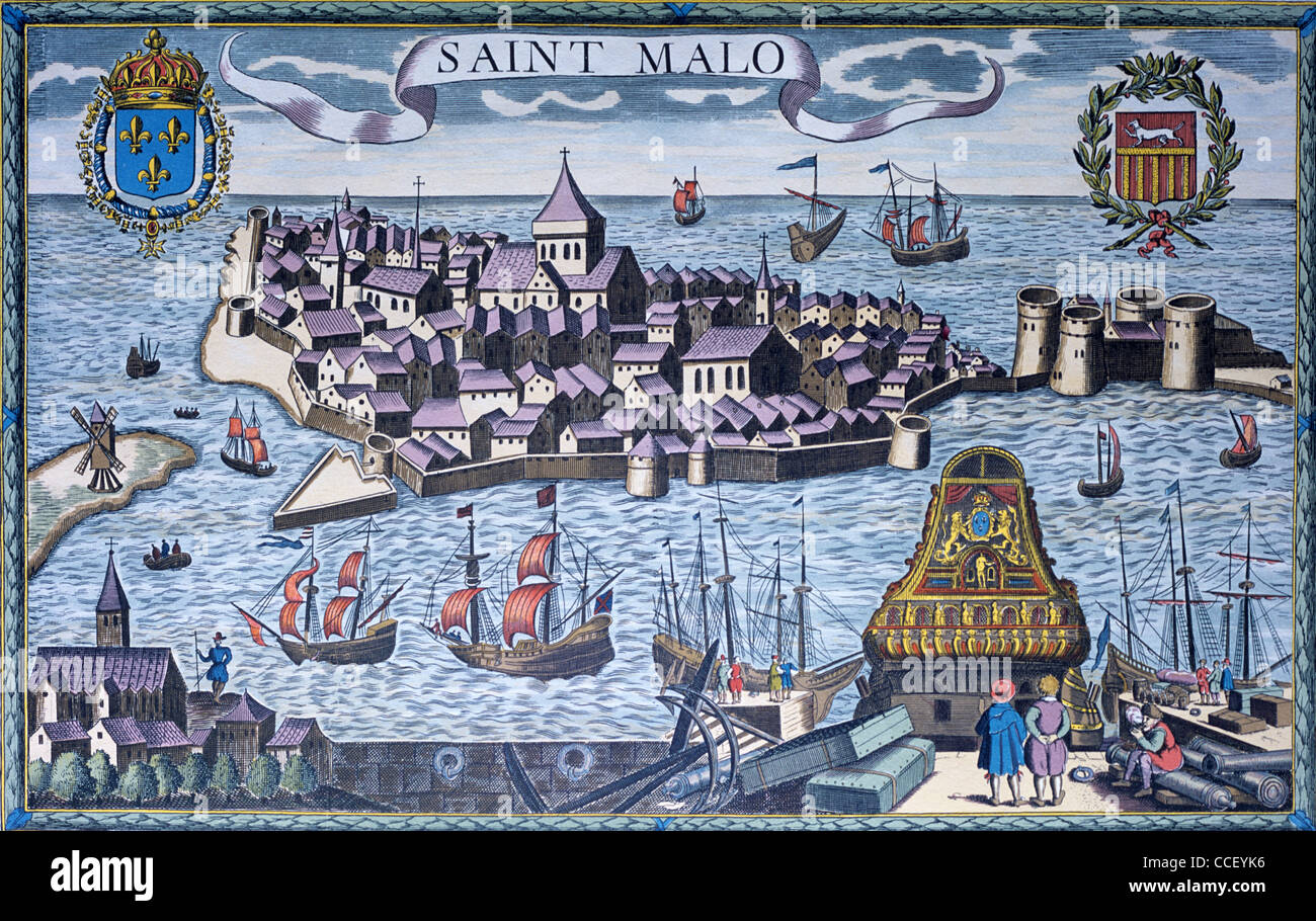 Saint Malo, Bretagna, Francia. Incisione e pianta del Porto come apparve durante il c 12b. Vintage o Old Map, incisione o Illustrazione Foto Stock