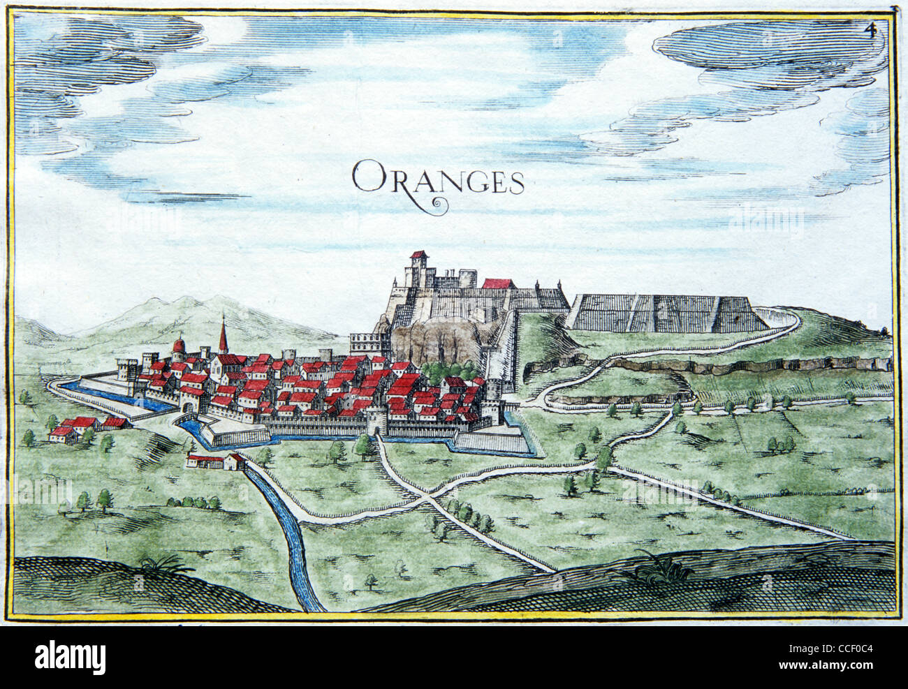 Vista medievale, pianta o mappa della città francese di Orange nel dipartimento del Vaucluse Francia con fortificazioni medievali, resti romani e Teatro. 1634 Nicholas Tassin Foto Stock