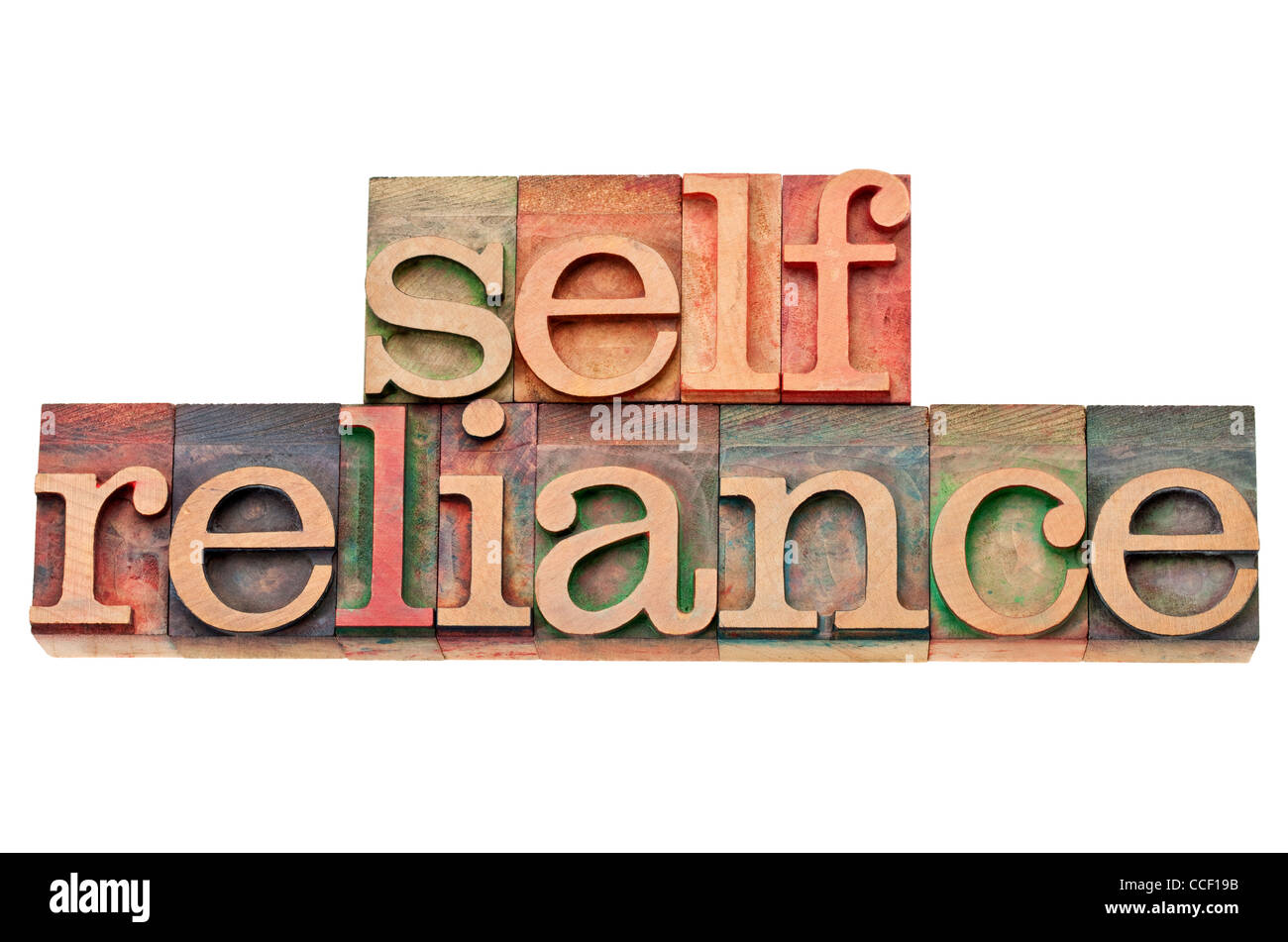 Selfreliance - parola isolata in legno vintage tipo di stampa tipografica, colorato mediante inchiostri a colori Foto Stock