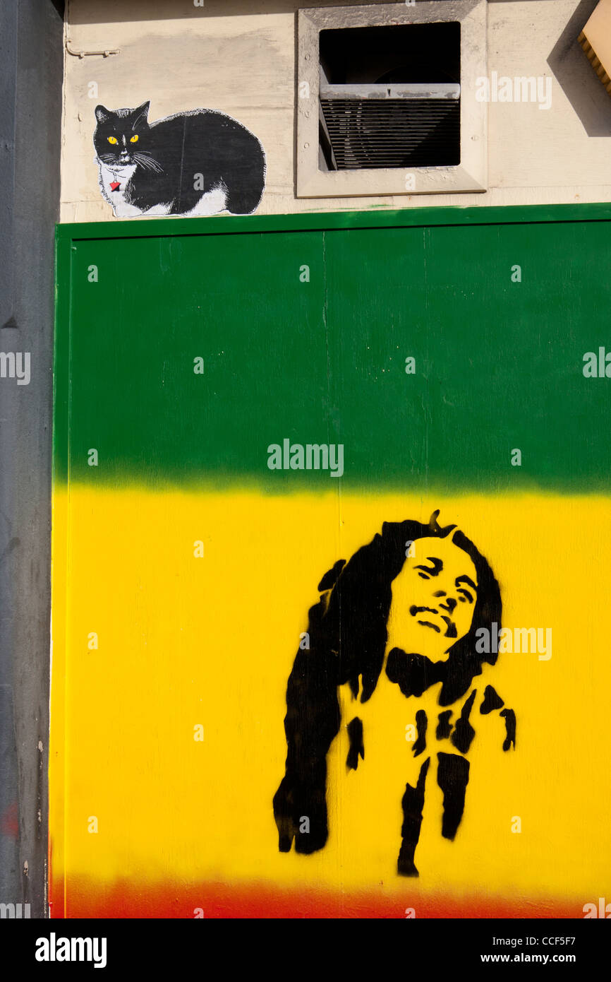 Illustrazione di stencil di Bob Marley sulla bandiera rossa, gialla e verde con la pittura del gatto al di sopra di Cardiff South Wales UK Foto Stock