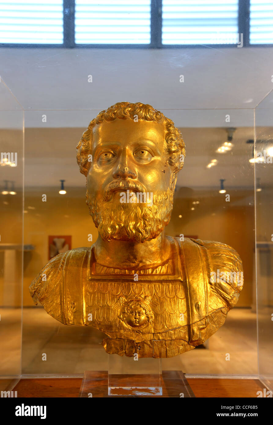 Golden Busto di imperatore romano Settimio Severo dal museo archeologico di Komotini, Rodopi, Tracia, Grecia Foto Stock