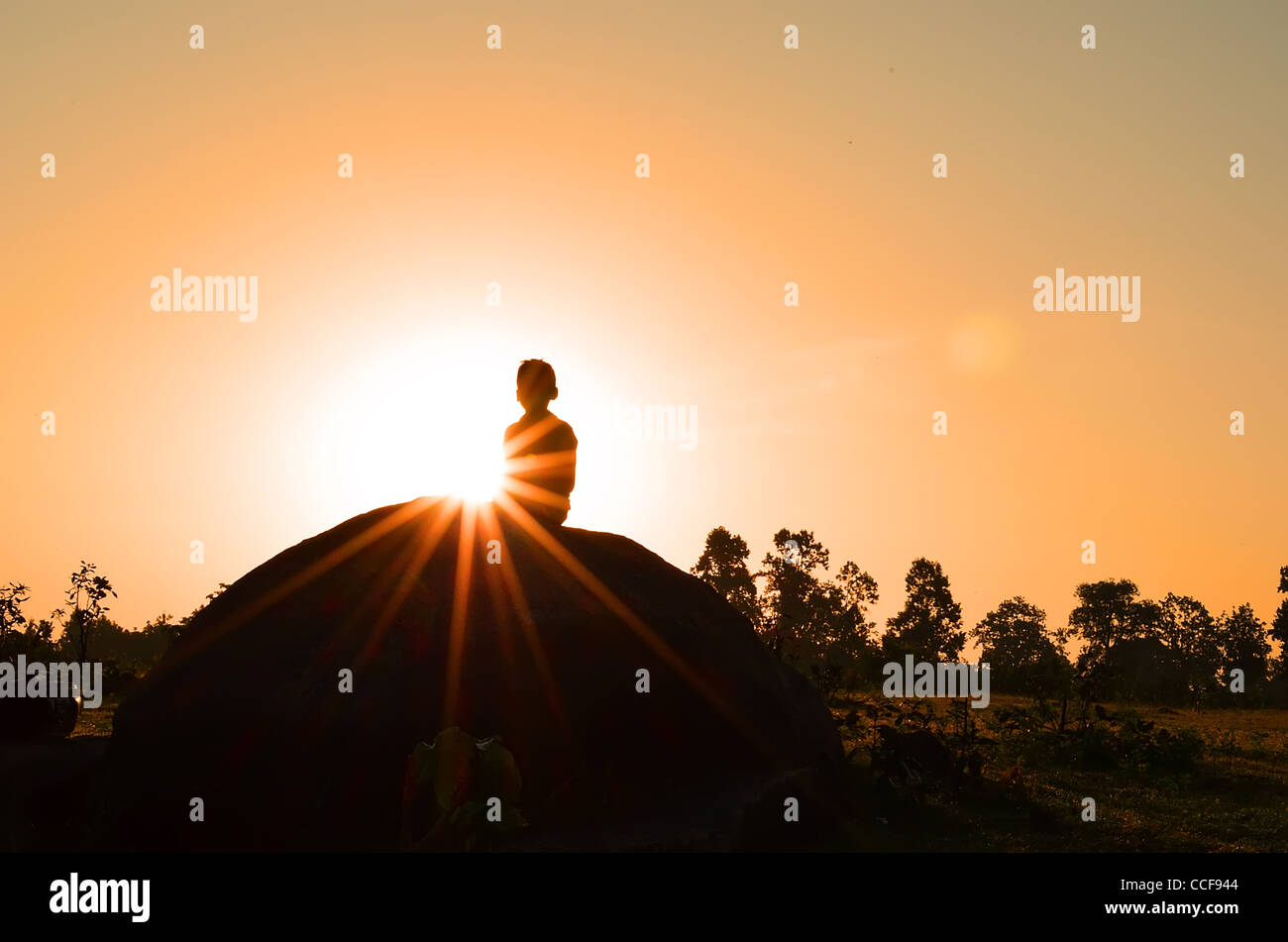 Ragazzo fare yoga su una roccia al mattino. Chhattisgarh, India. Foto Stock