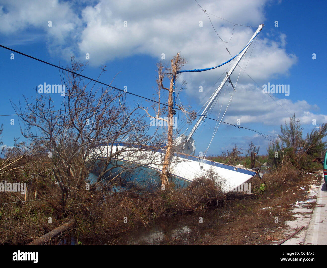 Una barca è stata gettata 50 piedi dall'oceano e sbarcati su linee di alimentazione nel West End, Grand Bahama. Foto di Cheryl Blaccurby Foto Stock