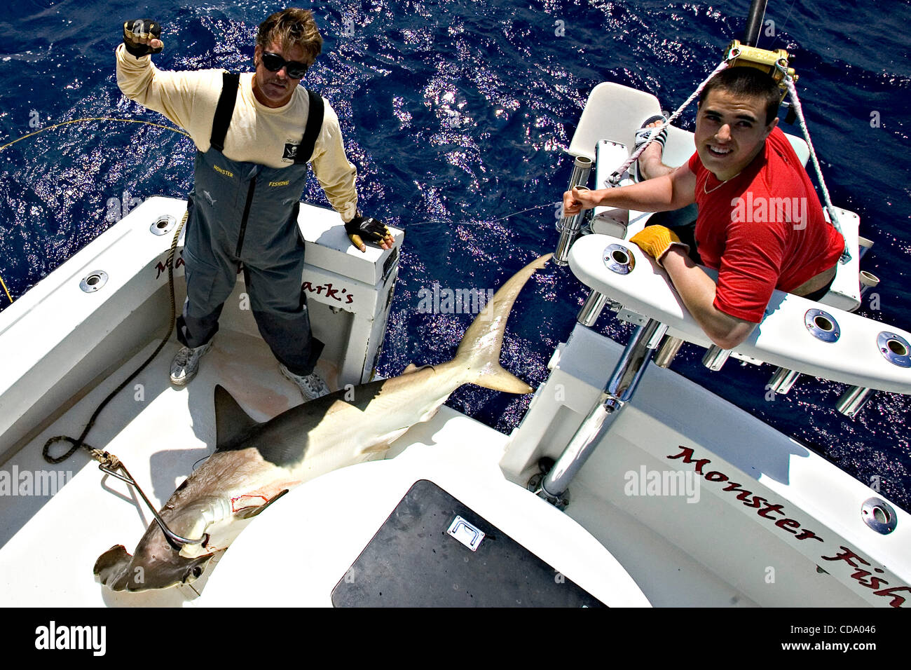 Luglio 28, 2010 - Miami, Florida, USA - Capitano ''Marca Lo Squalo'' QUARTIANO, di Pompano Beach, FL, e Nick Hodgson, 16, della Nova Scotia, celebrare dopo la cattura di un 8 1/2 piedi squalo martello lungo la curva della corrente del Golfo, a circa 2 miglia al largo della costa di Miami, Florida. QUARTIANO è un mondo di fama Foto Stock