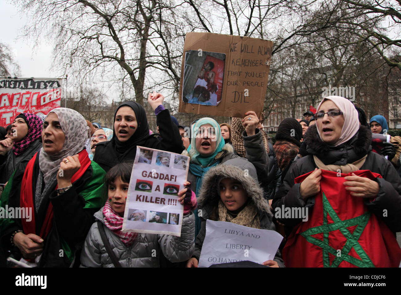 Feb 23, 2011 - Londra, Inghilterra, Regno Unito - Pro Libia democrazia e Anti Gheddafi manifestanti dalle centinaia di dimostrare al di fuori dell ambasciata americana a chiamata per il governo americano per esercitare pressione su Gheddafi per fermare il massacro uccisione dei contestatori libico. (Credito Immagine: &#169; Medyan IAM Foto Stock