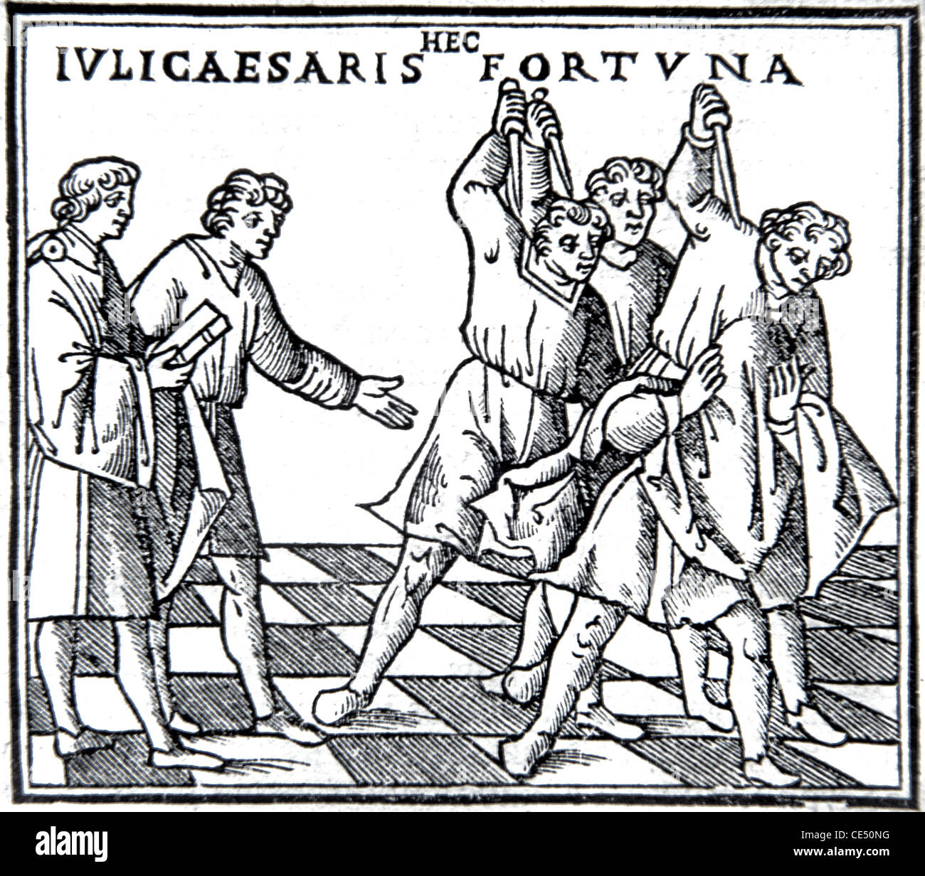 Gaius Julius Cesare, generale romano & dittatore, passa il giudizio o stabilisce la legge, la giustizia della tosse. C16th incisione del legno. Foto Stock