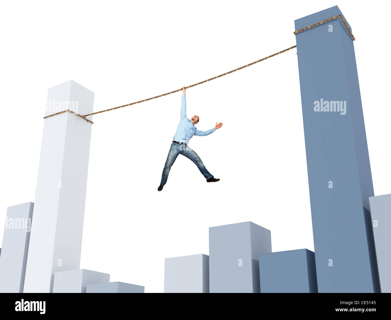 Uomo sulla corda e 3d grafico finanziario Foto Stock