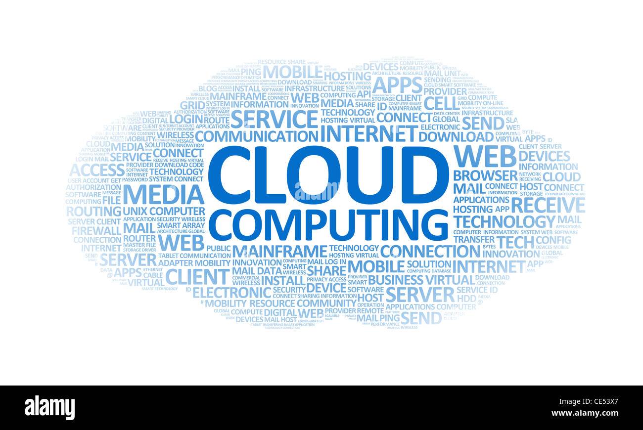 Word cloud illustrazione concettuale sul cloud computing tema. Isolato su bianco. Foto Stock