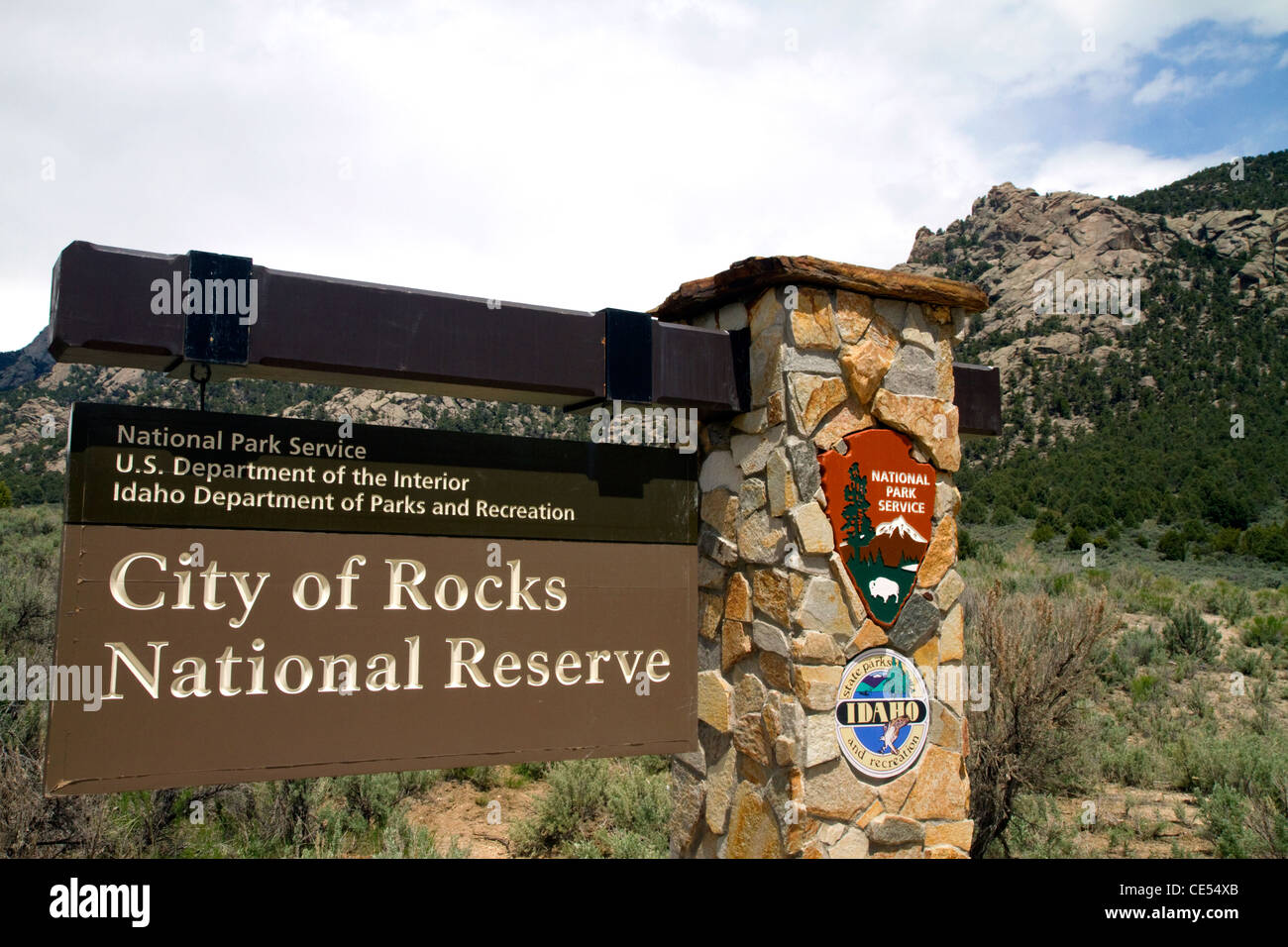 Segno segna la città di roccia della riserva nazionale e del parco statale nella contea di cassia, Idaho, Stati Uniti d'America. Foto Stock