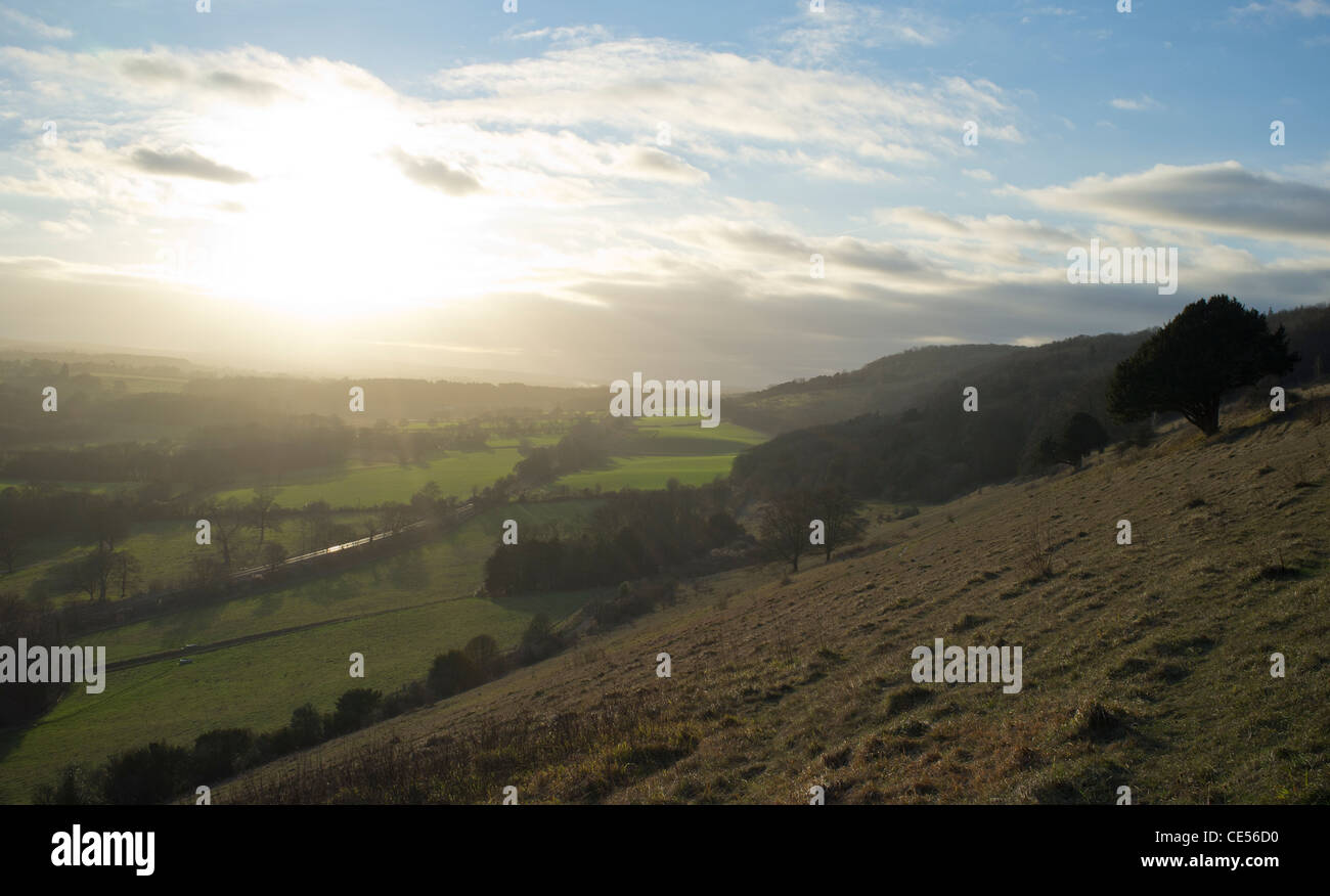 Vista su Dorking da Ranmore comune, Surrey Foto Stock