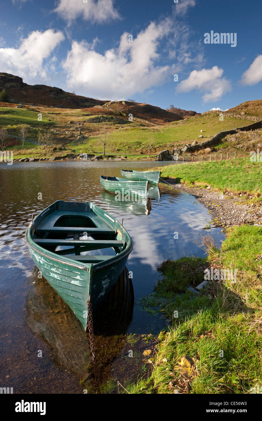 Barche su Watendlath Tarn, Lake District, Cumbria, Inghilterra. In autunno (novembre 2011). Foto Stock