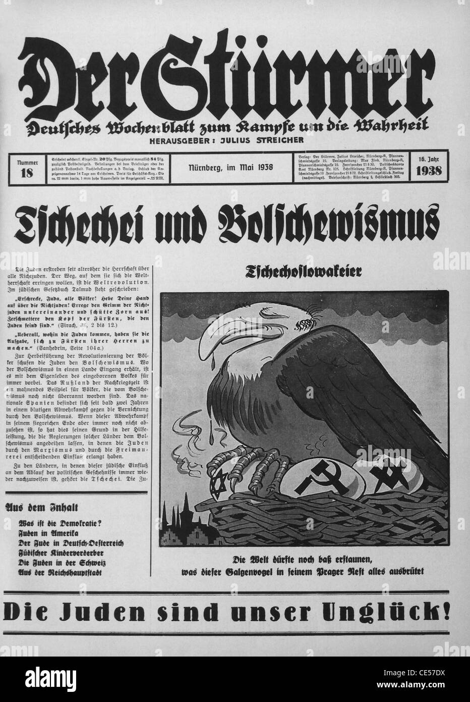 Pagina anteriore di Der Sturmer settimanale tedesco formato tabloid Nazi giornale pubblicato dal 1923 fino alla fine della II Guerra Mondiale nel 1945 Foto Stock