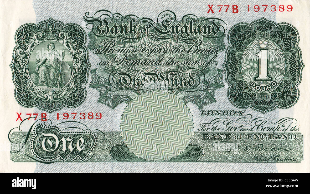 Banconota inglese pre-decimale da 1 sterlina, con disegni intricati, figure storiche e il vecchio stile della valuta britannica. Foto Stock