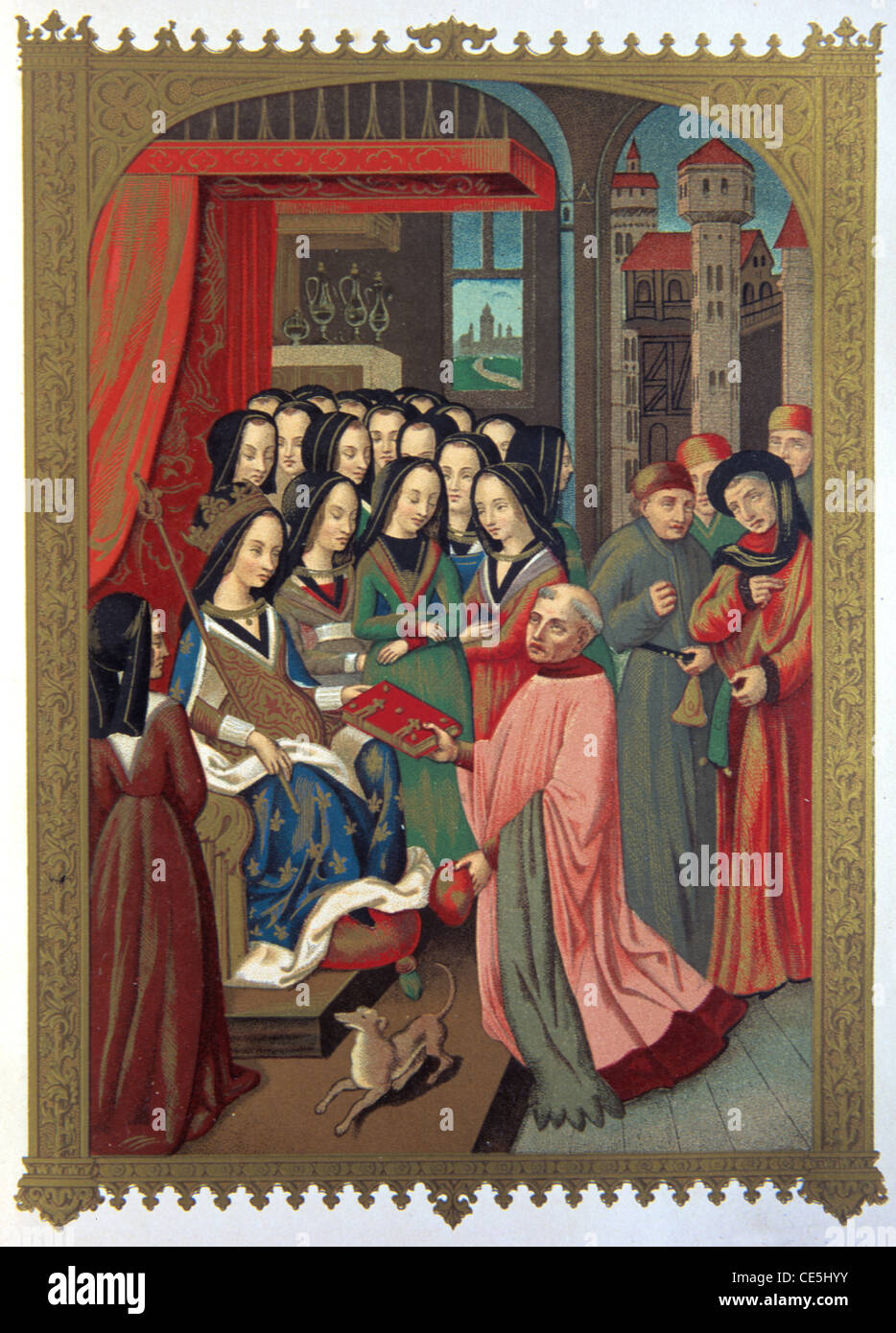 Corte reale delle Signore francesi di Maria d'Angiò (1404-63) Regina consorte di Re Carlo VII di Francia e Cardinale Robert Blondel. Illustrazione vintage Foto Stock