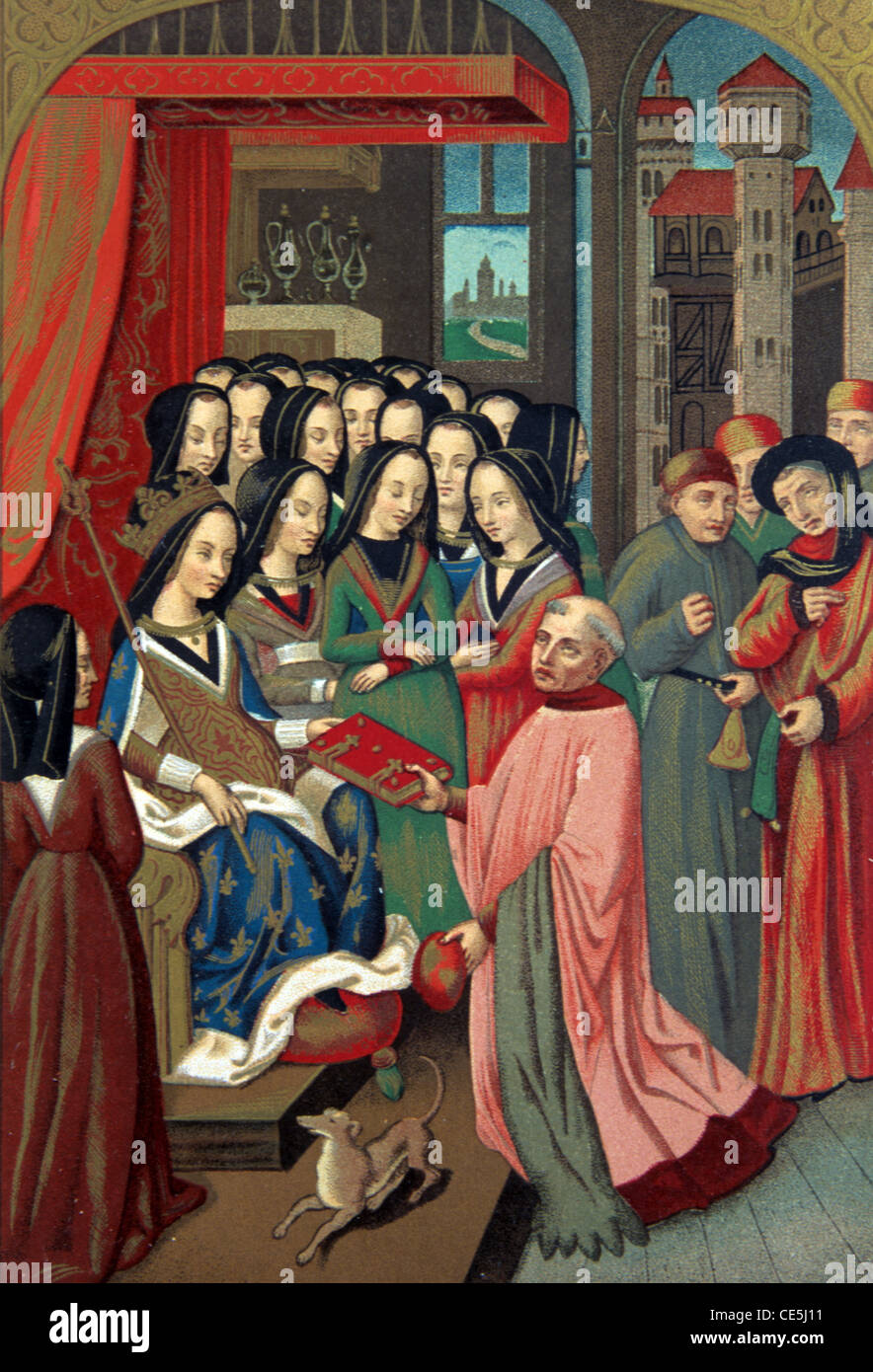 Corte reale delle Signore francesi di Maria di Angiò (1404-1463) Regina consorte di Carlo VII di Francia & Chaulain Robert Blondel (1380-1460) nel 1455. Illustrazione d'epoca o pittura in miniatura Foto Stock