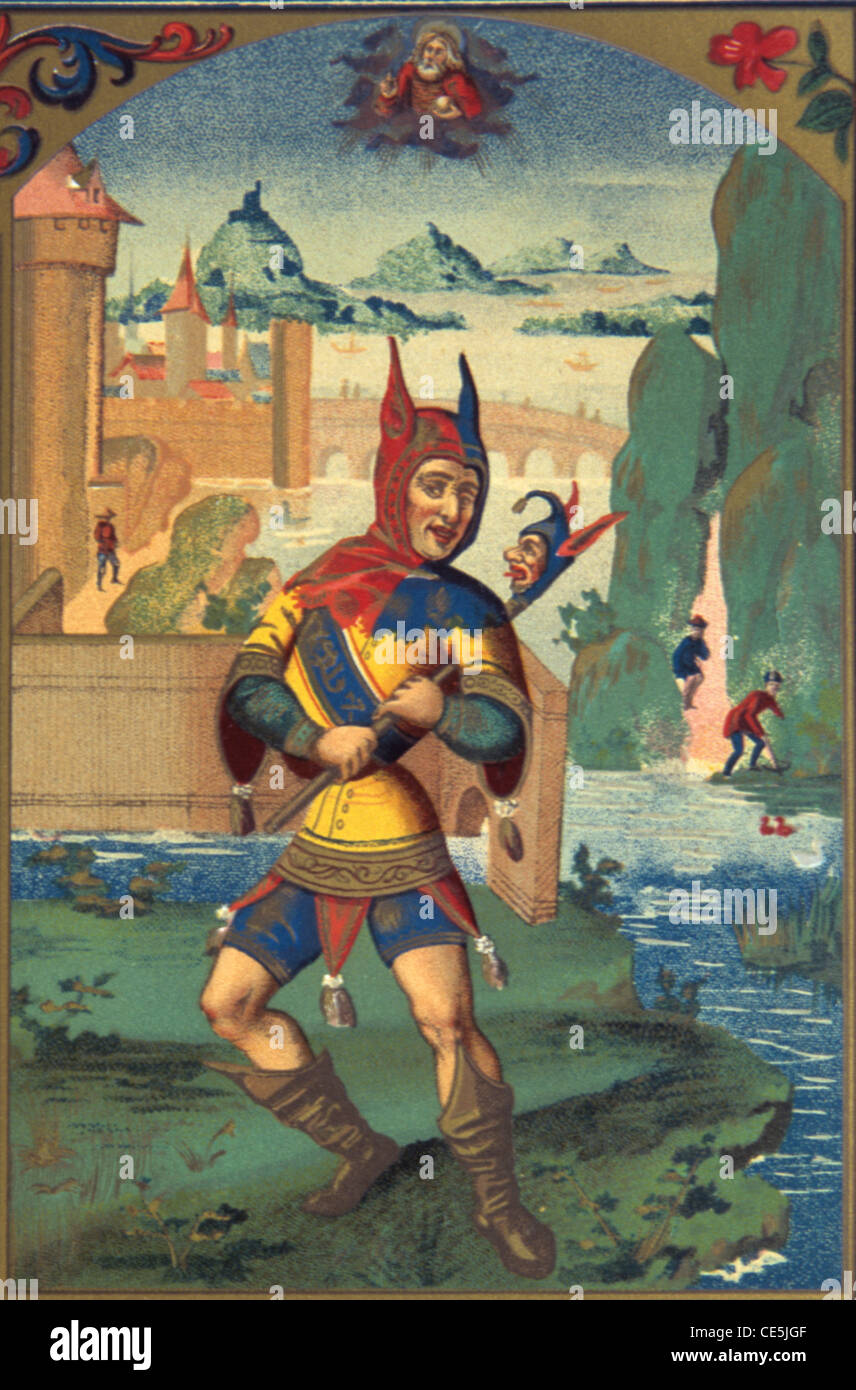 Medievale Corte Jester, Joker, Fool o Comic (c 9) Francia. Illustrazione o incisione vintage Foto Stock