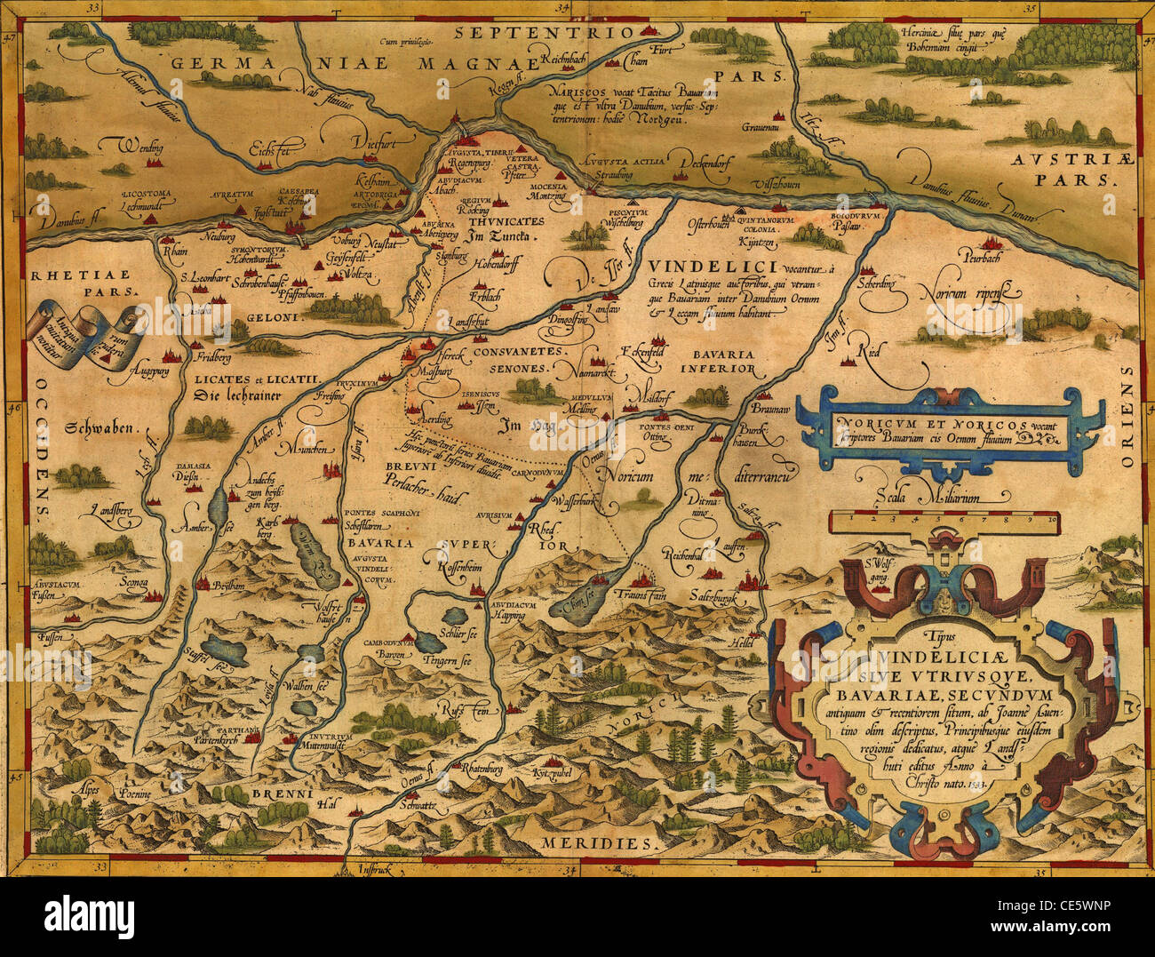 Mappa di antiquariato della Baviera, Germania da Abraham Ortelius, circa 1570 Foto Stock