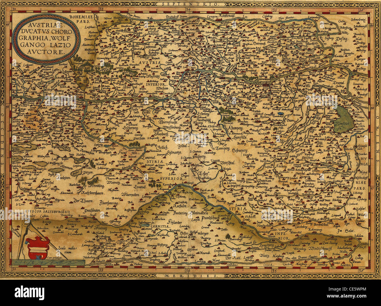 Mappa di antiquariato di Austria, da Abraham Ortelius, circa 1570 Foto Stock