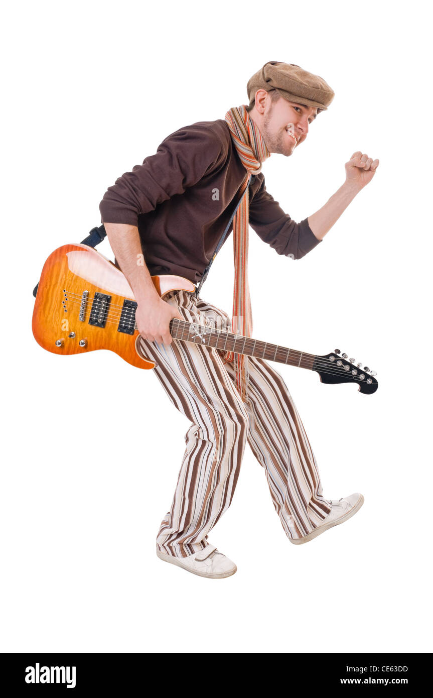 Cool giovane musicista con chitarra elettrica isolata su sfondo bianco Foto Stock