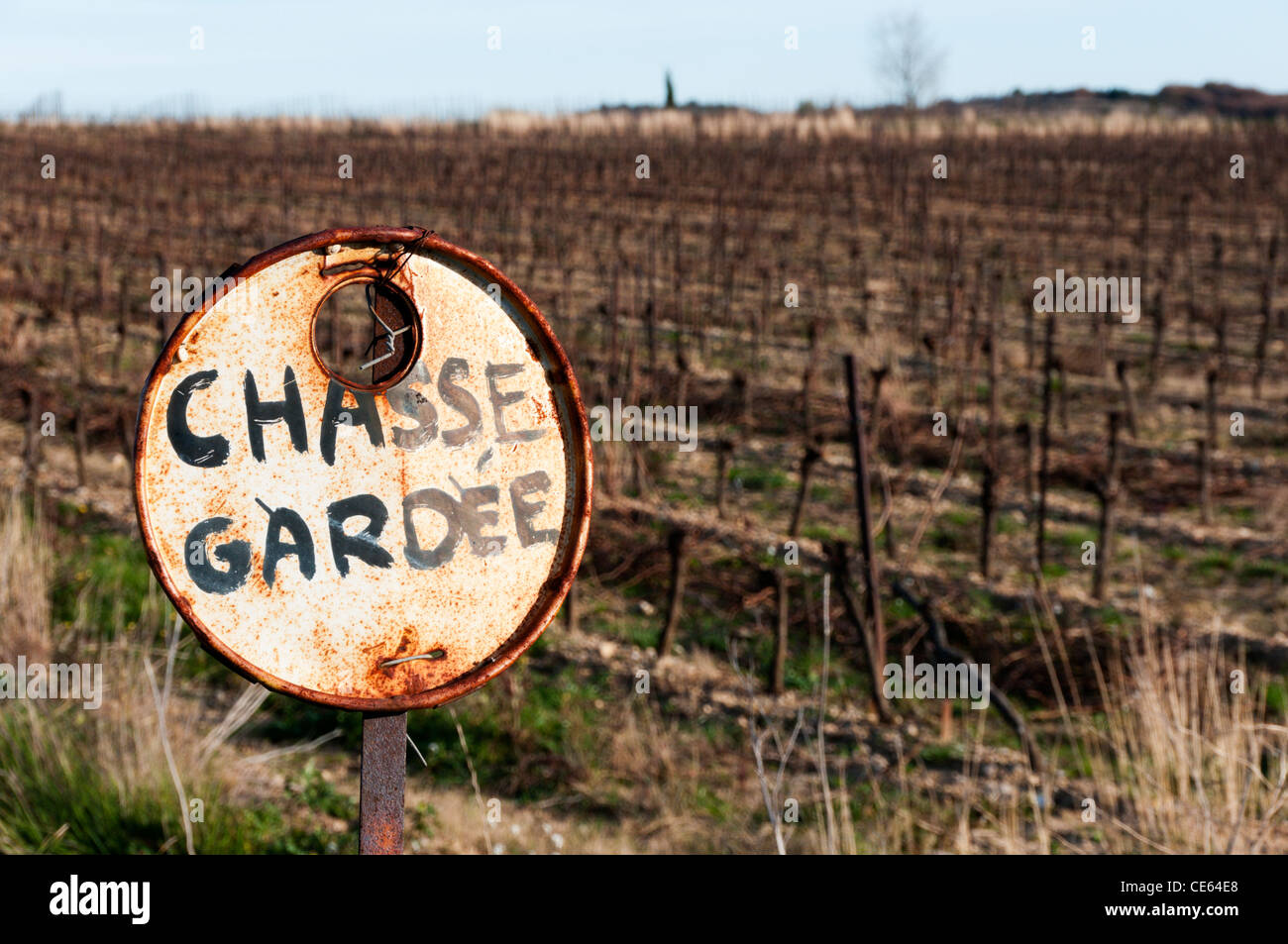 Un Chasse Gardée (caccia privato) firma scritta a mano su un vecchio tamburo olio coperchio, di fronte a un campo di vigneti in Francia. Foto Stock