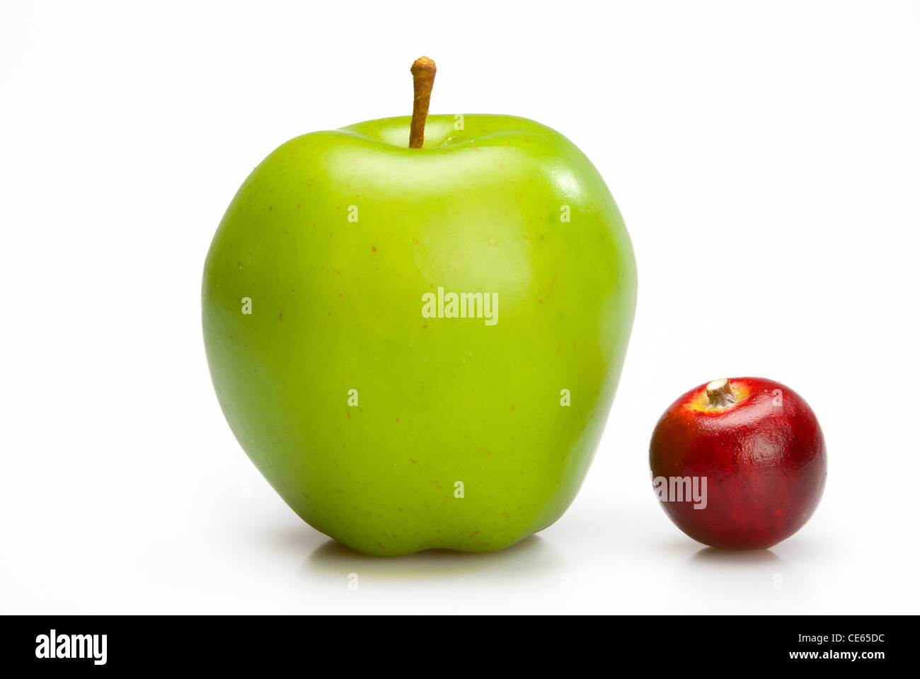 Grandi e piccole mele. Due mele mature, di colore rosso e verde isolato su sfondo bianco Foto Stock