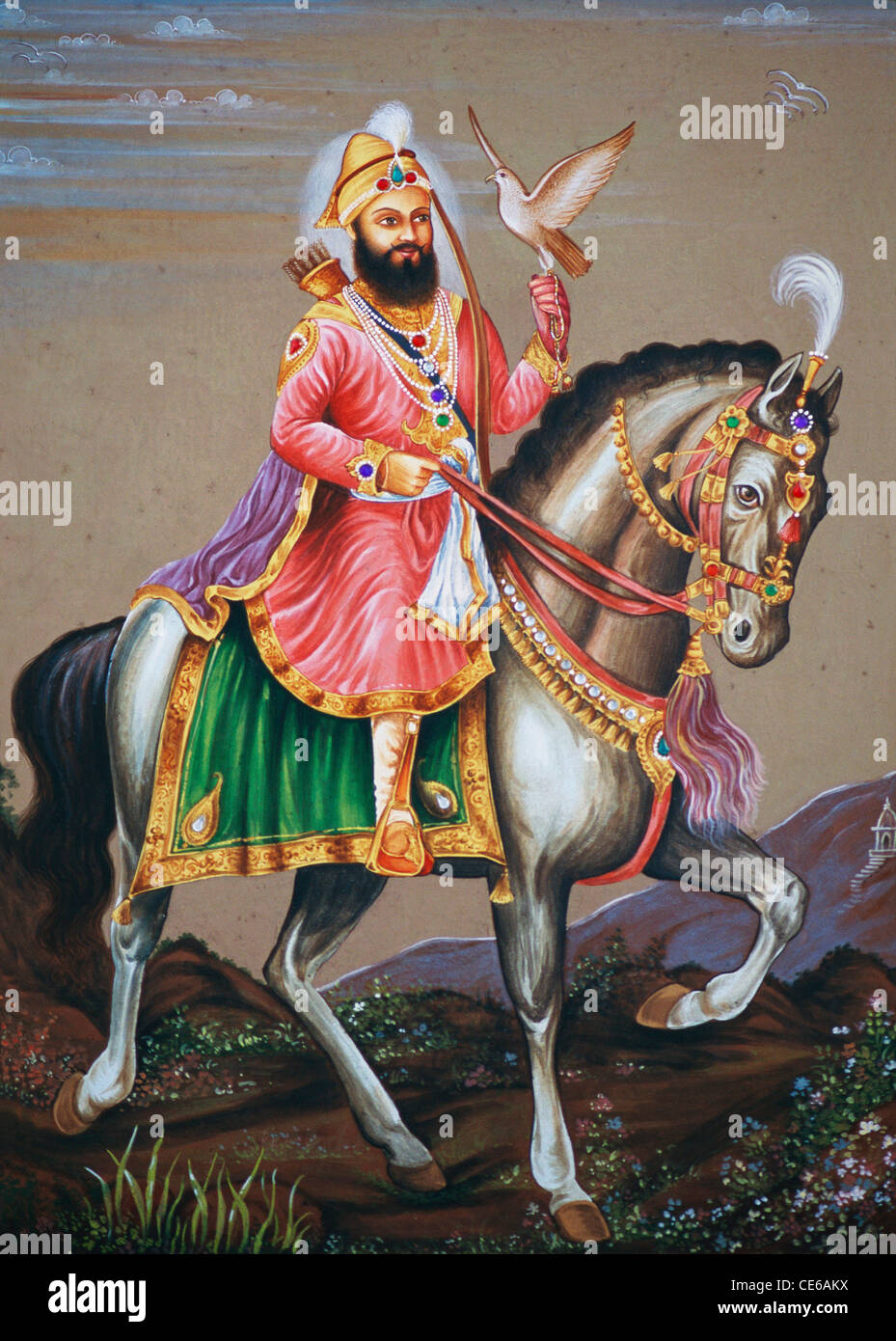 Guru Gobind Singh, Gobind Das, Gobind Rai, Guru Govind Singh cavalcando a cavallo uccello colomba in mano con arco e freccia pittura in miniatura su carta Foto Stock