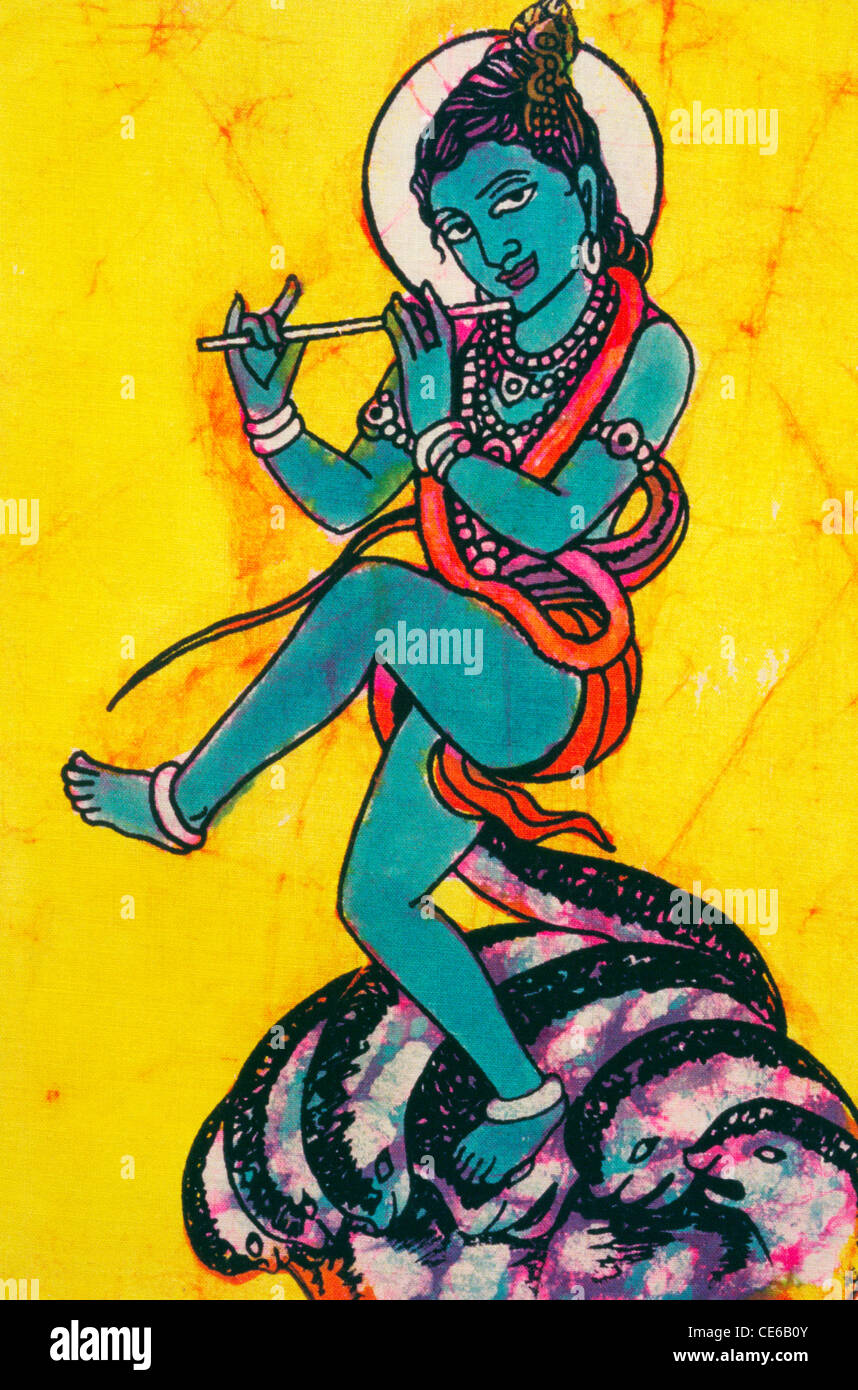 Krishna riproduzione di flauto e ballando sul serpente Kaliya mardhan pittura batik Foto Stock