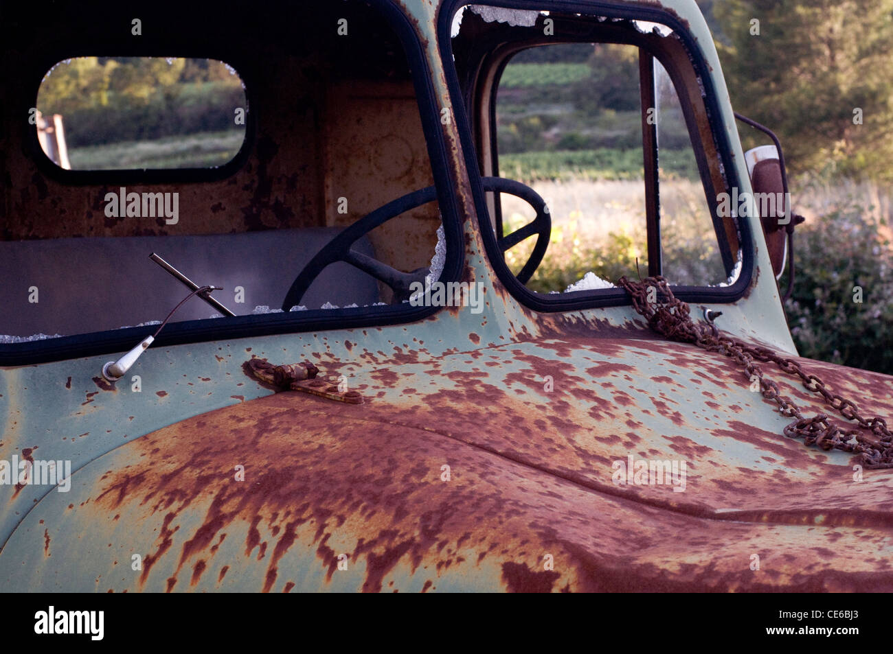 Abbandonato il vecchio Citroen van/camion che mostra la formazione di ruggine cofano,volante,rottura vetri anteriore e il finestrino posteriore. Foto Stock